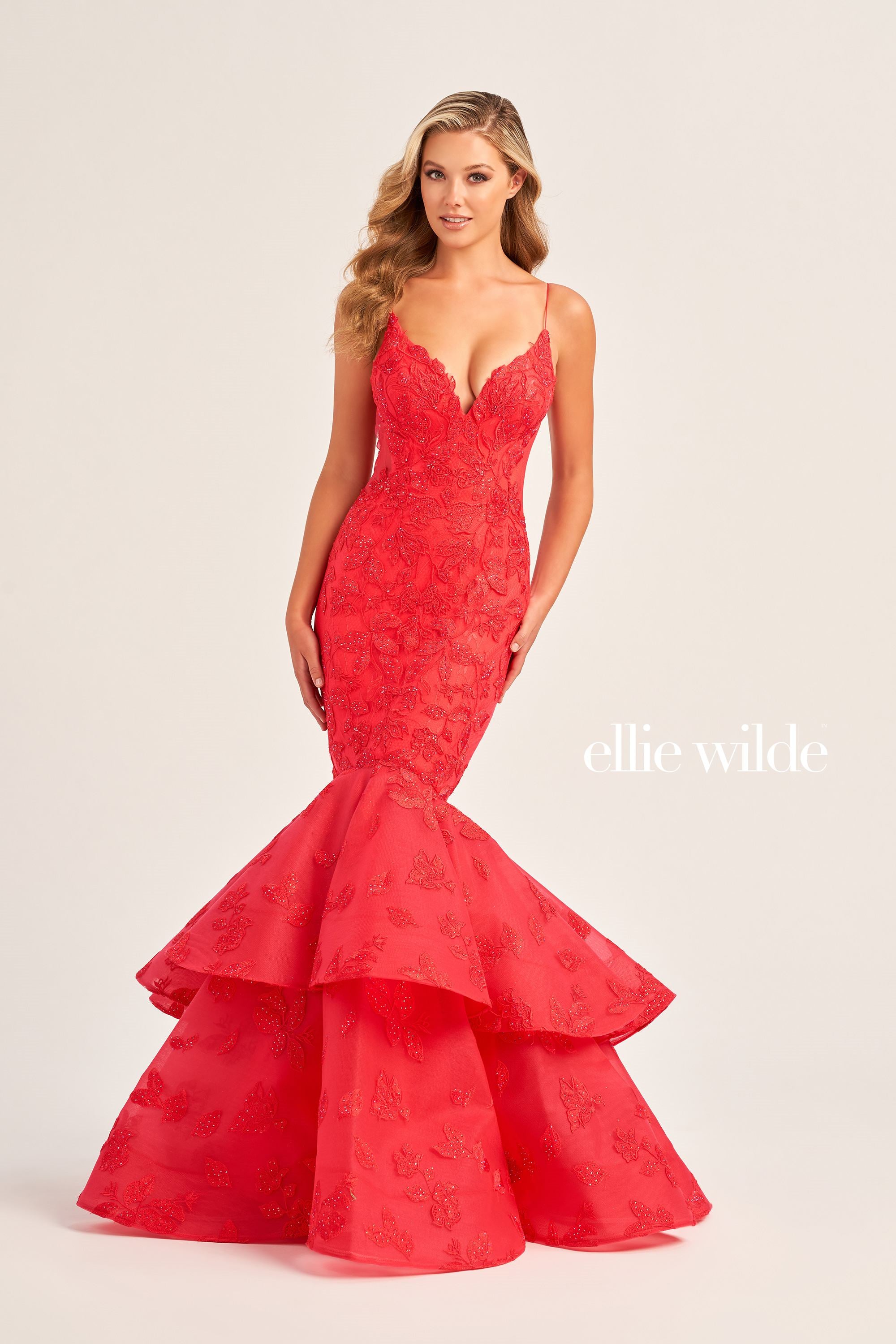 Ellie Wilde Lace Applique Tulle Gown with Stone Accents Mydressline