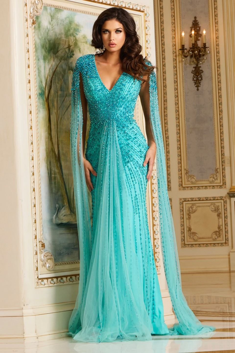 knee length dresses for ladies Jovani 38964 Elegant Aqua Beaded Evening Gown – Mydressline