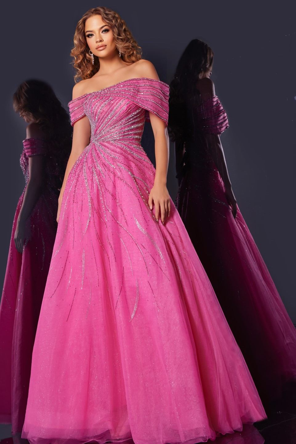 Jovani 45067: Elegant Off-Shoulder Pink Gown Mydressline Jovani 45067: Elegant Off-Shoulder Pink Gown Mydressline