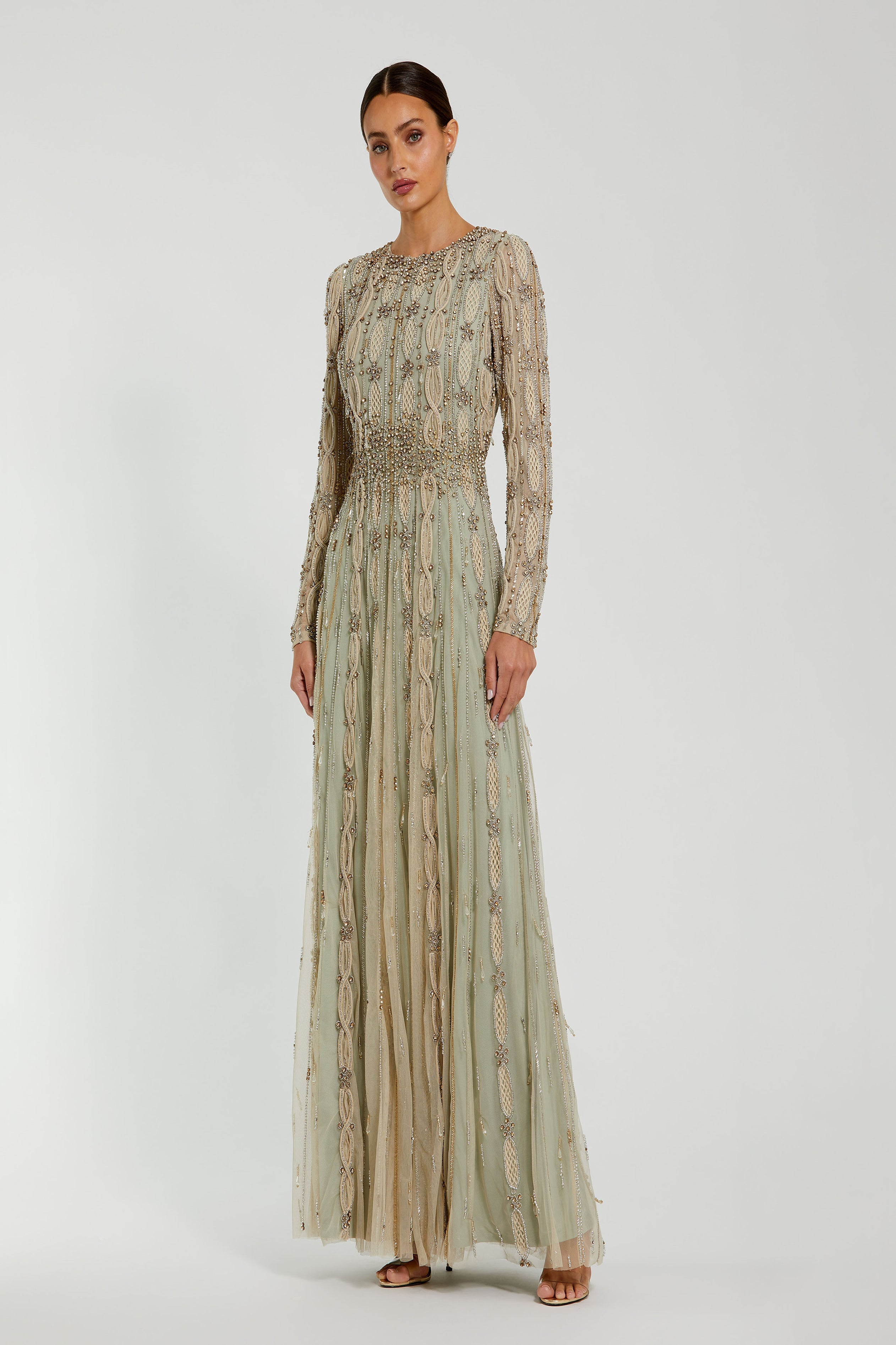 ■Mac Duggal■ビーズ付き ロングスリーブ ミディドレス NEW $798 Mac Duggal [ 8 ] 67493 Vintage Flutter Sleeve