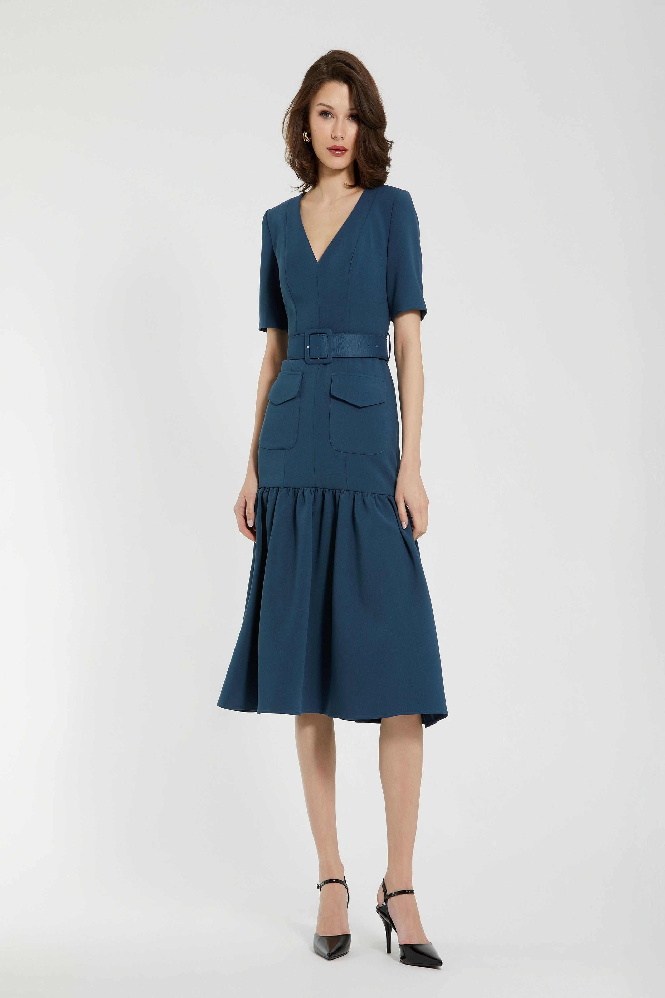 Mac Duggal Crepe Midi Dress With Belt, Deep Blue / 0