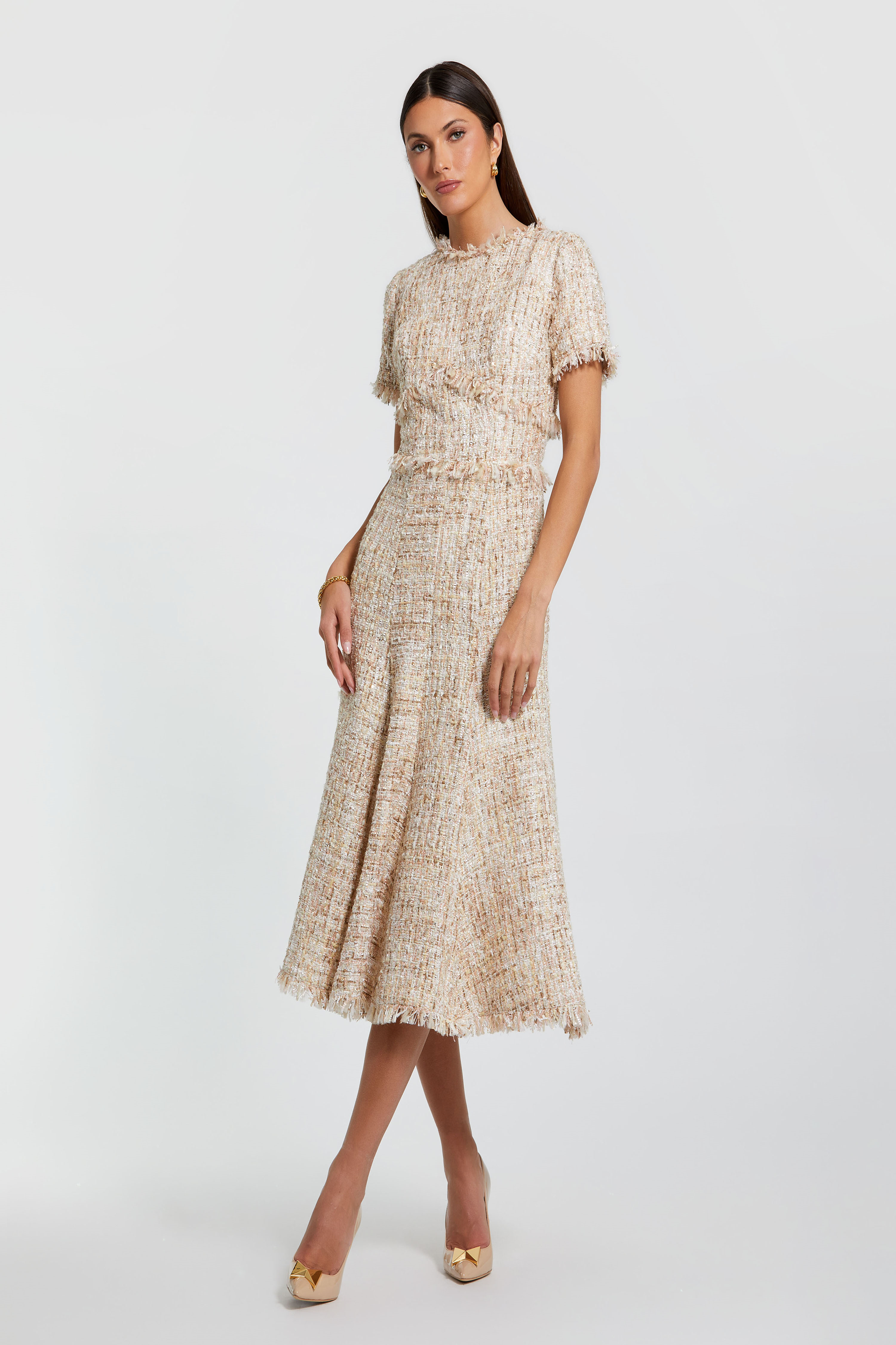 knee length dresses for ladies Gold Ruffle Tiered Buckle Detail Dress