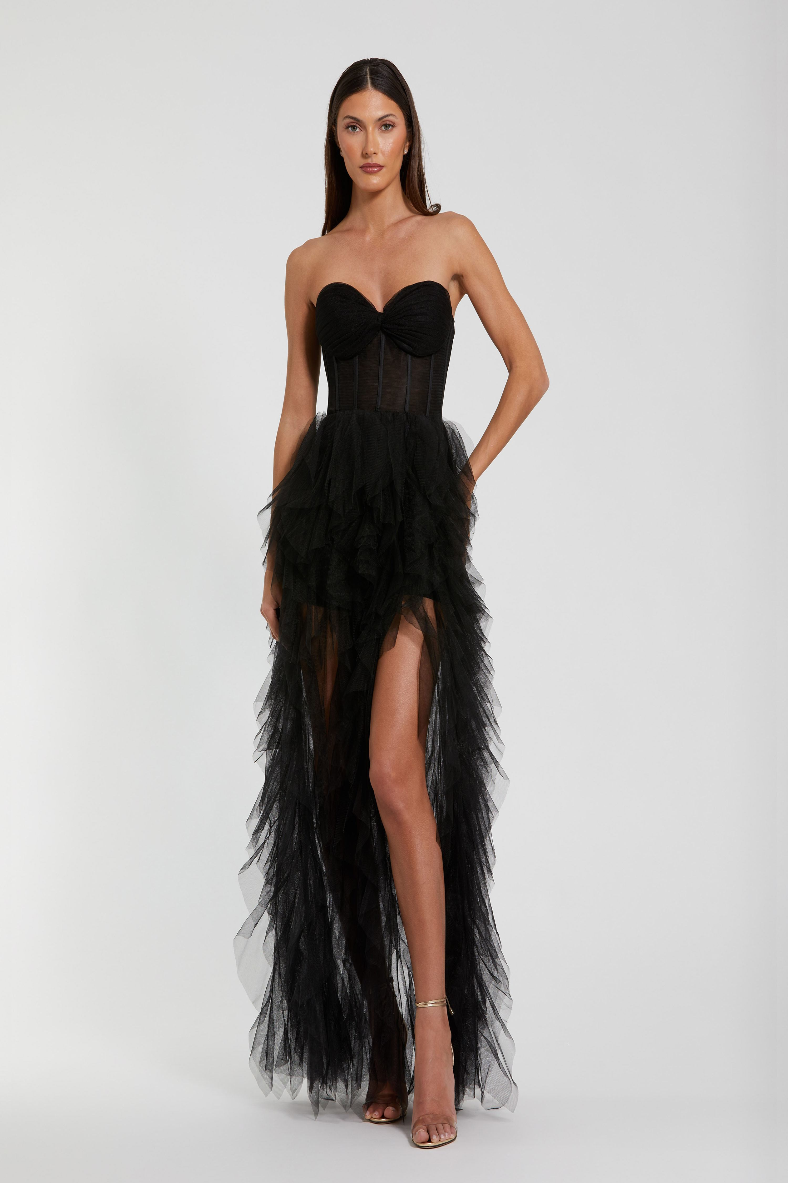 mac duggal strapless organza maxi dress Mac Duggal 27532 Strapless Evening Gown with Slit – Mydressline