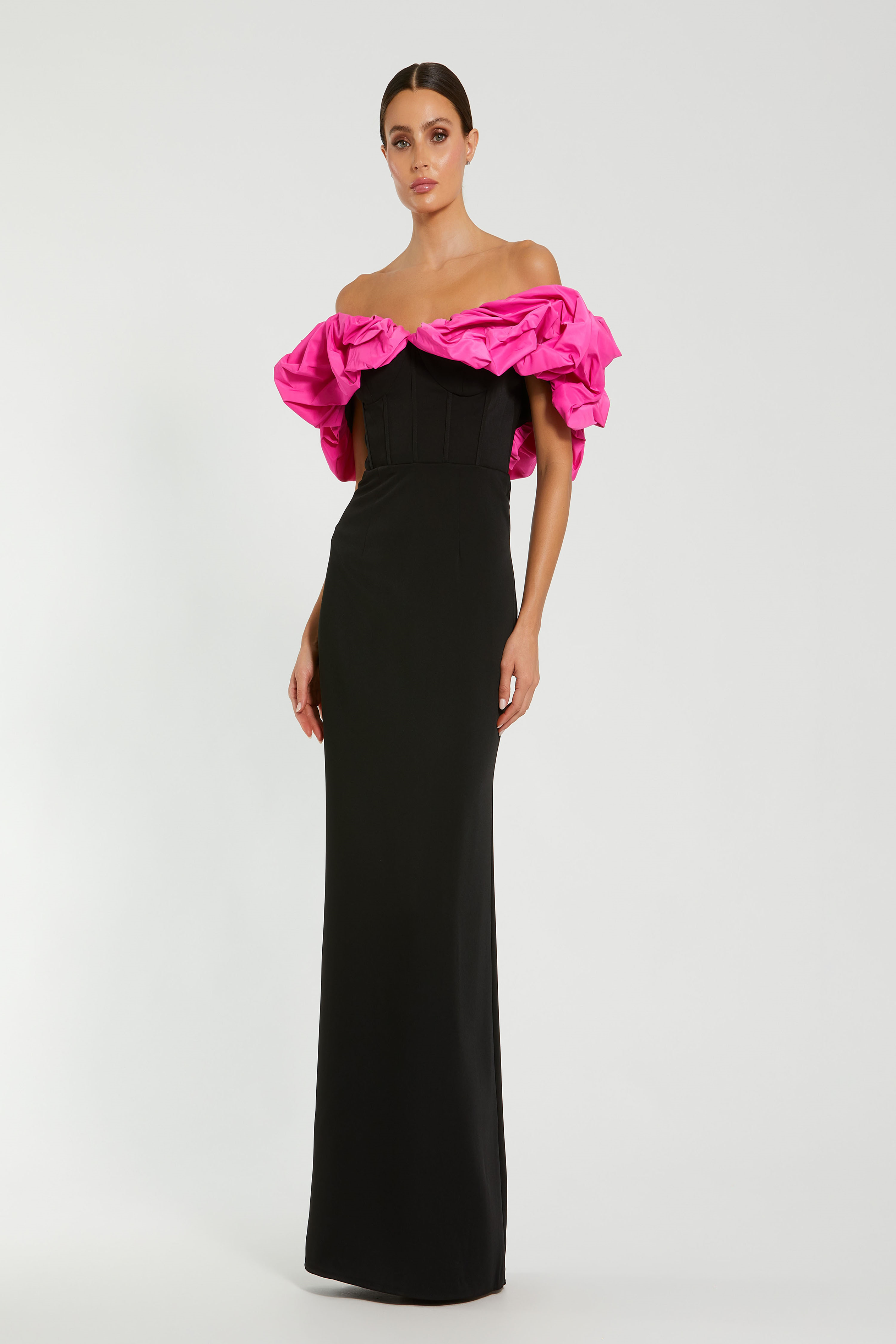 mac duggal hot pink dress Pink Deep V Satin Ballgown With Oversized Bow