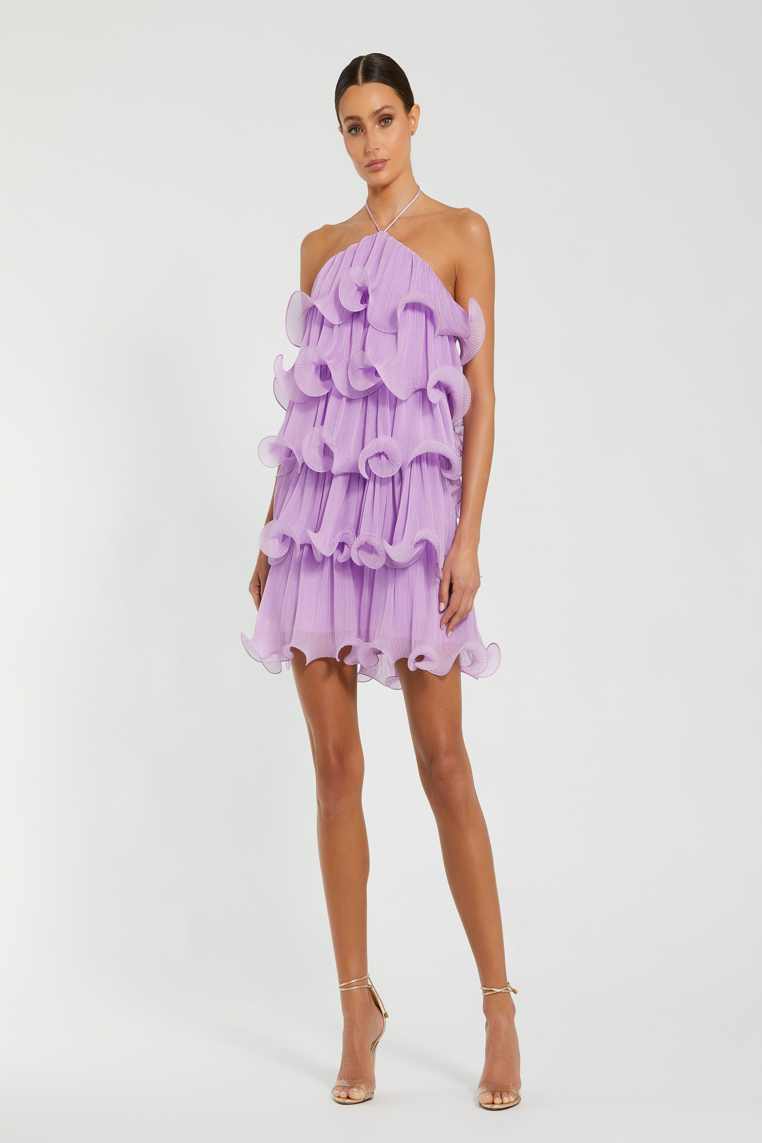 Mac Duggal Women's Crinkle Chiffon Tiered Ruffle Halter Mini Dress - Purple - Size 2