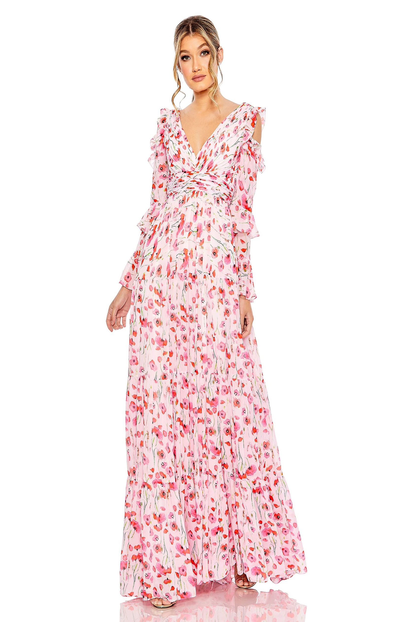 mac duggal long-sleeve chiffon ruffle printed maxi dress Ruffle Sleeve Floral Print Gown