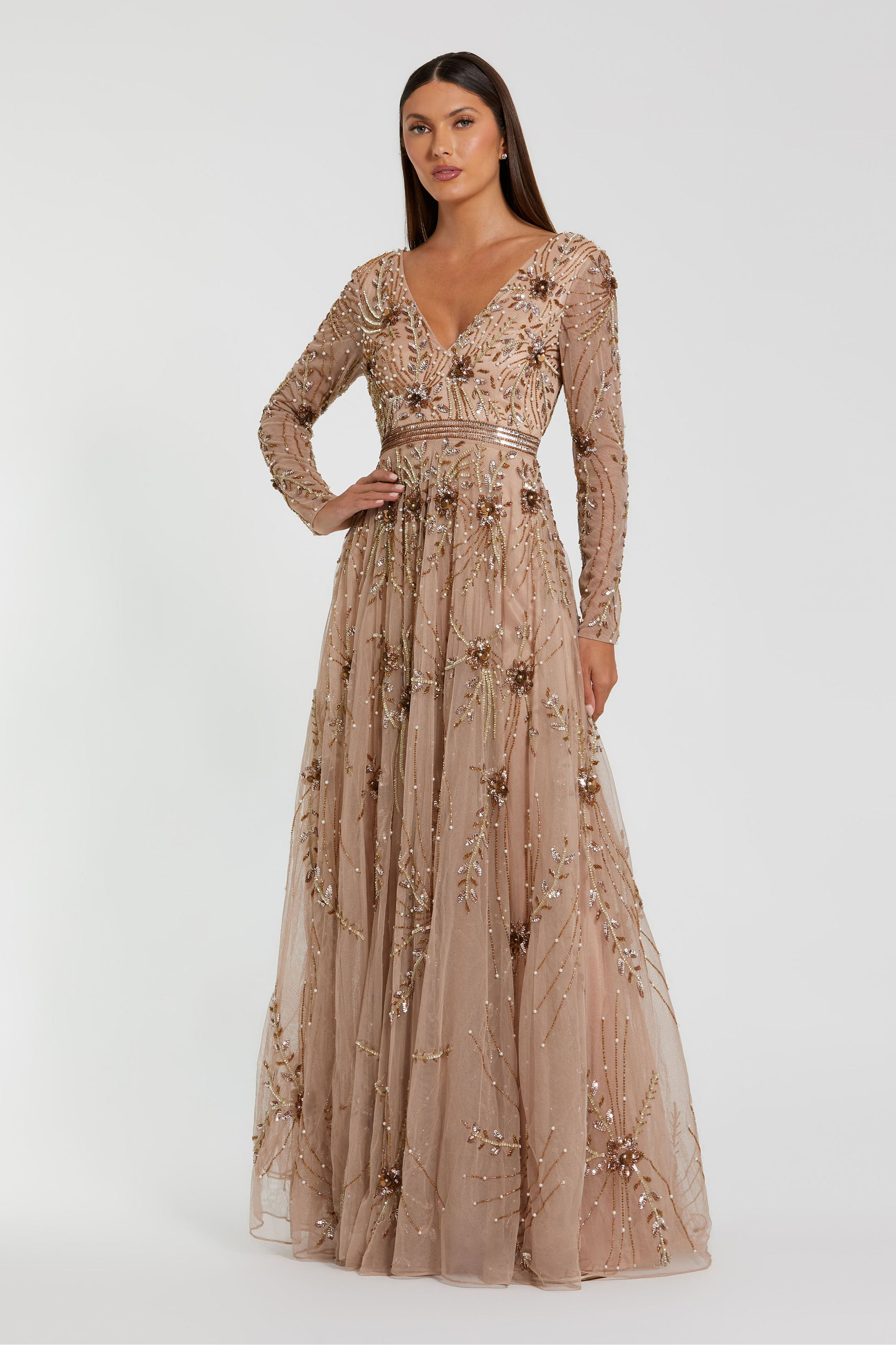 Mac Duggal - Beige Embellished Sheer Sleeve A-Line Gown