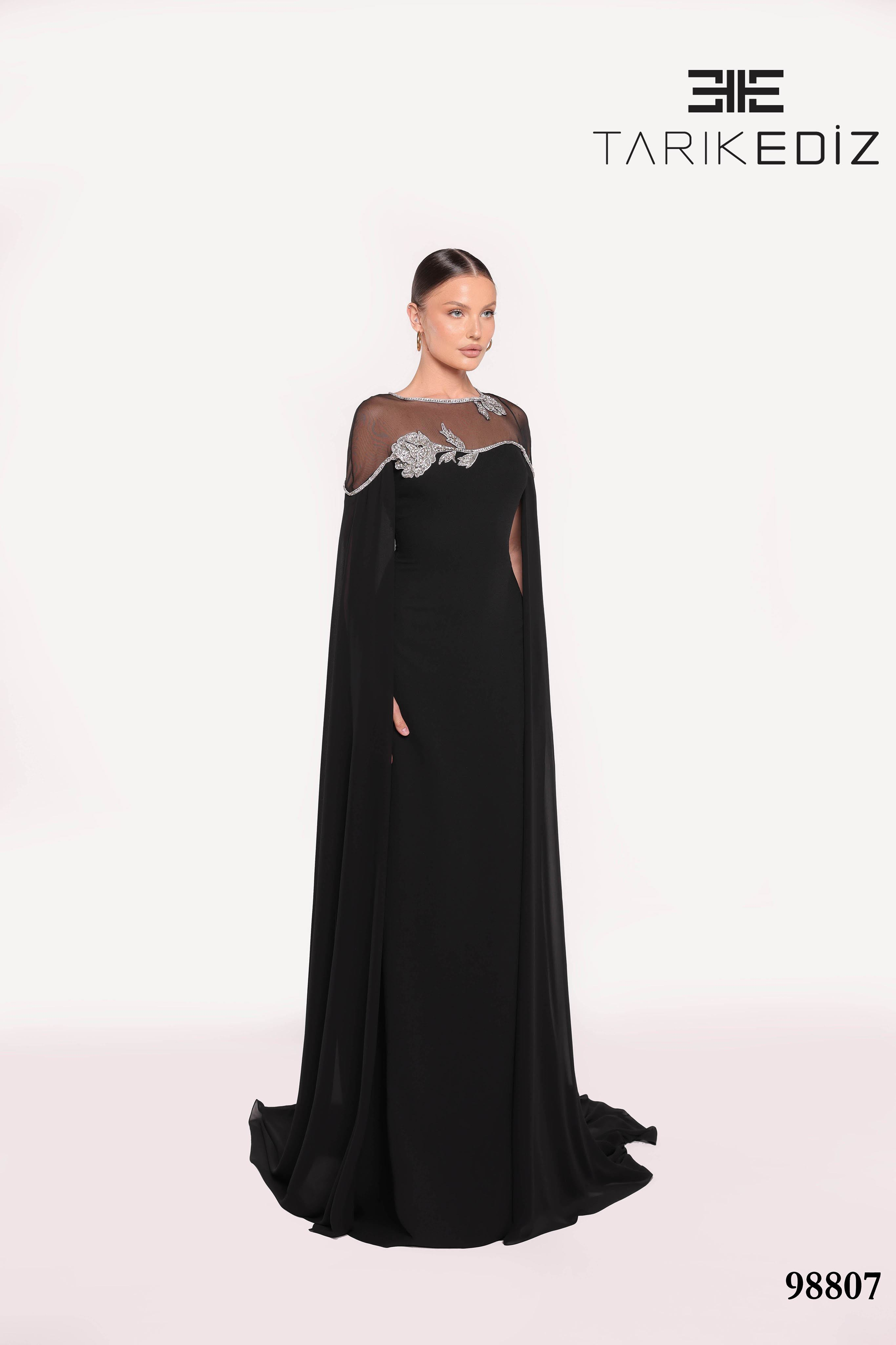 スーツ・フォーマル・ドレス theredthread V tulle dress long Tarik Ediz 98807 Long Crepe Gown with Train – Mydressline