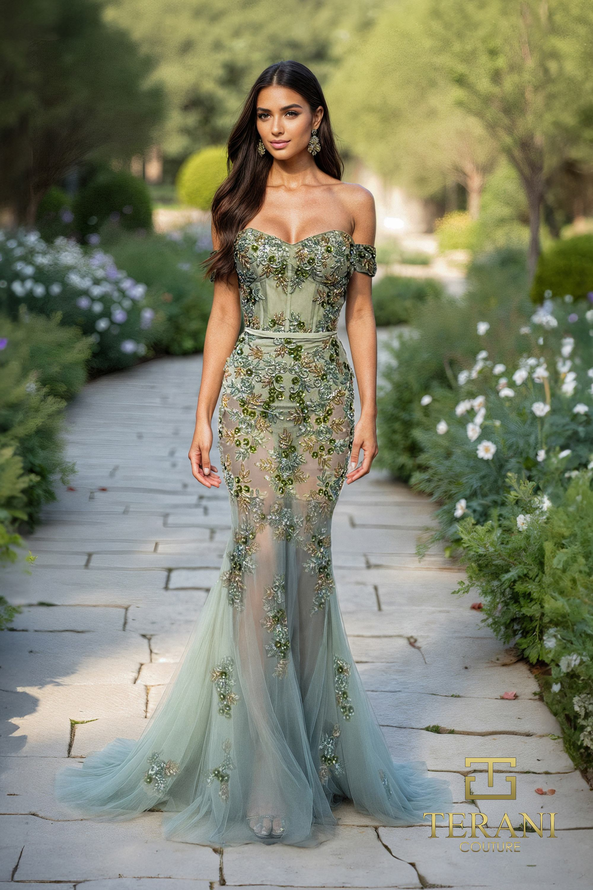 Sage Off-the-Shoulder Mermaid Gown by Terani Couture Mydressline Sage Off-the-Shoulder Mermaid Gown by Terani Couture Mydressline