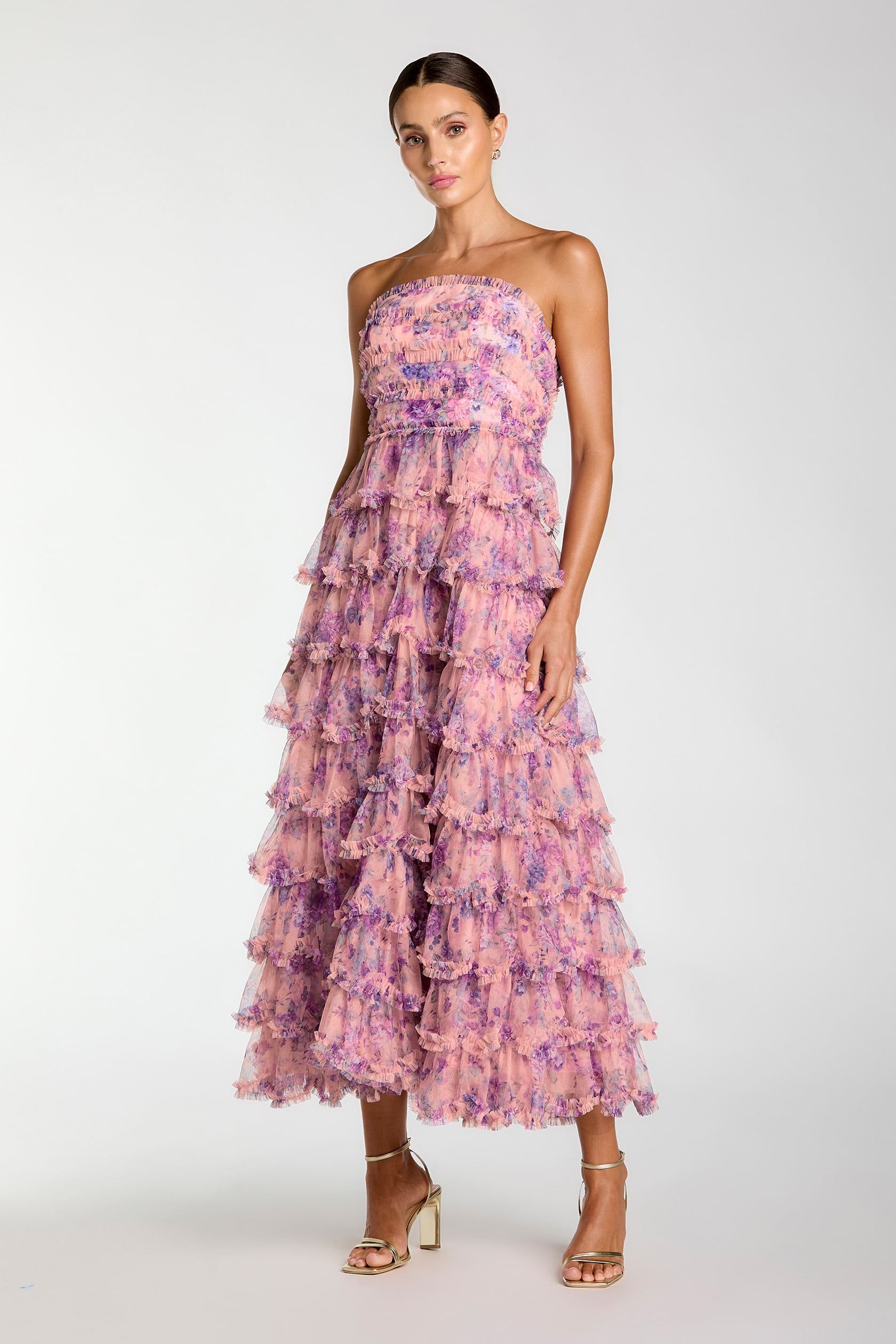 Mac Duggal 8420 Strapless Midi Dress with Ruffles Mydressline Mac Duggal 8420 Strapless Midi Dress with Ruffles Mydressline