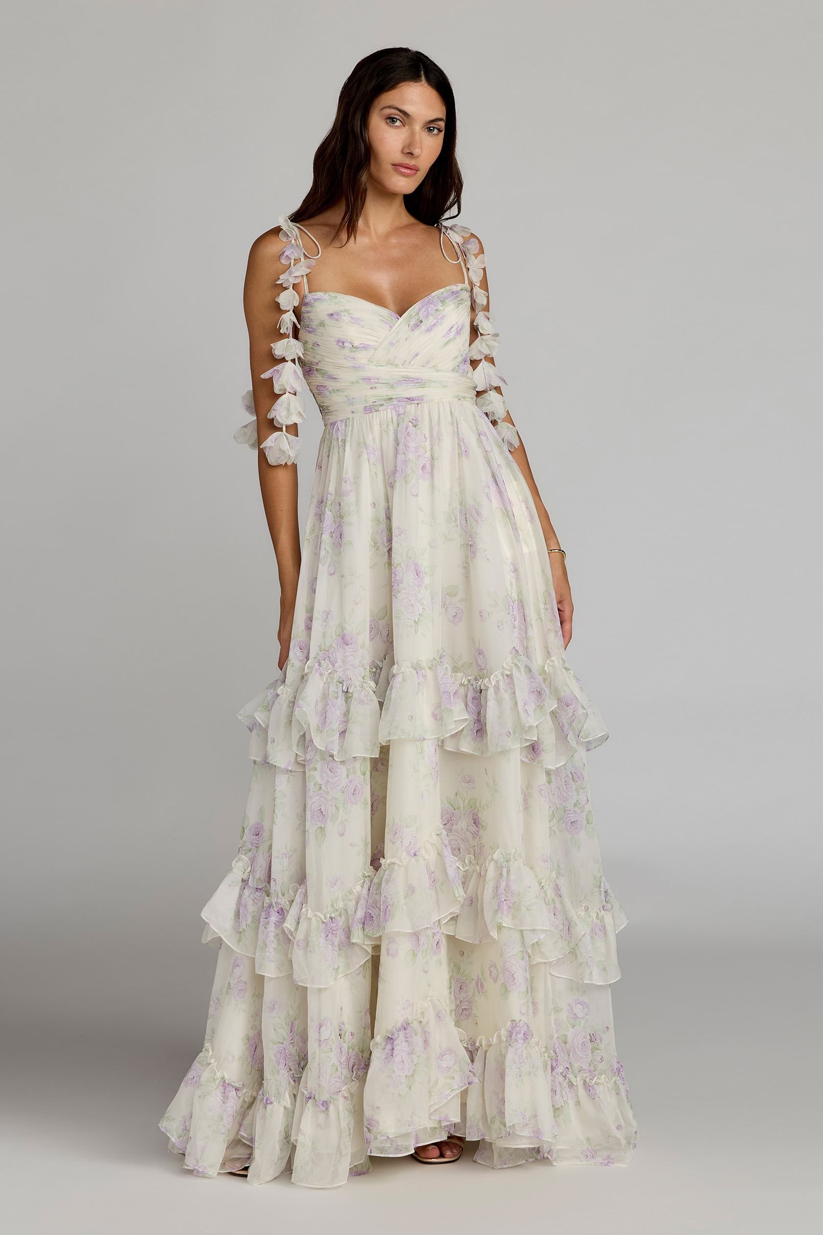 mac duggal wedding dresses 69061 Tiered Ruffle Skirt Ivory A-Line Dress back Concealed back zipper Size:10 (AU) Women's Dress Shoes | HIGH LOW