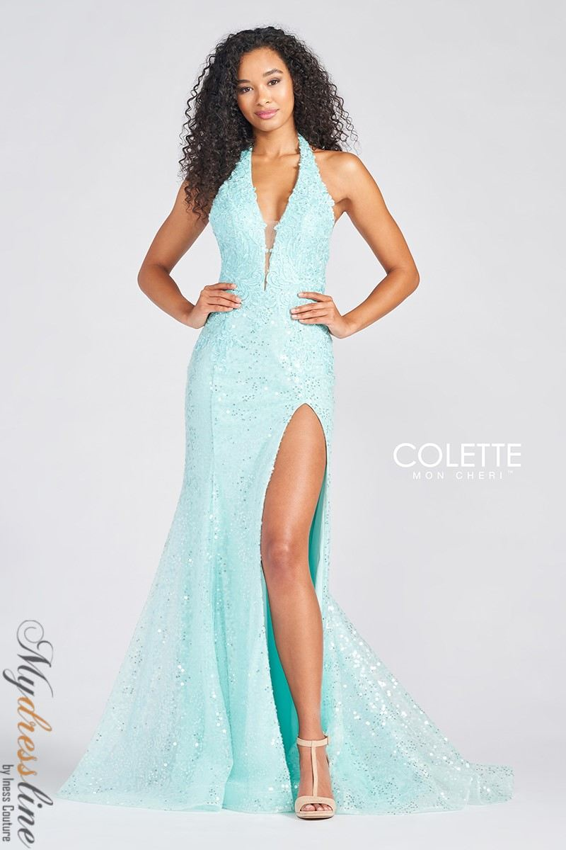 sachin and babi light blue dress Aqua Stretch Charmeuse Satin Halter A-line Evening Dress With Slit main image 0