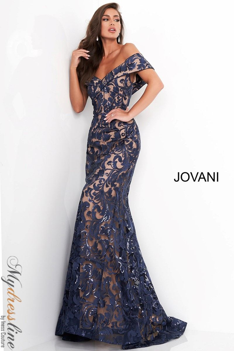 PORTMIX GOWN ネイビー Jovani 02912 Off-Shoulder Lace Mermaid Gown with Train – Mydressline
