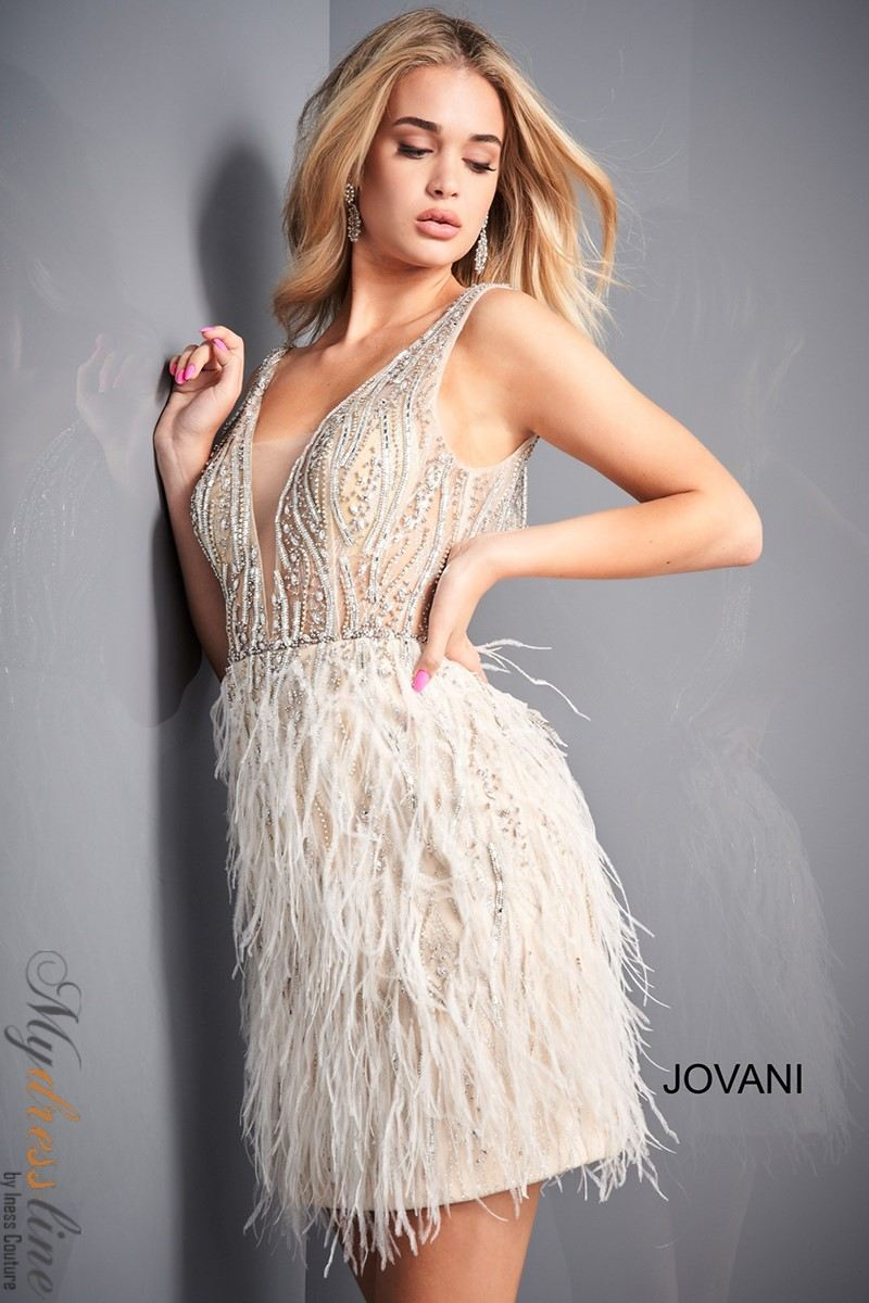 Jovani - 04624 - Ivory Beaded Feather Dress