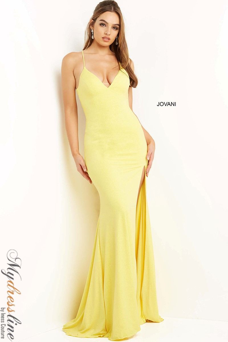 Jovani 08153 Yellow Mermaid Gown with Slit Mydressline Jovani 08153 Yellow Mermaid Gown with Slit Mydressline