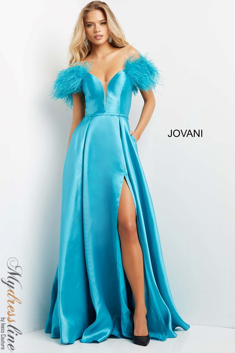 green emerald velvet dress Jovani 08321 Elegant Satin Gown with Feather Sleeves – Mydressline