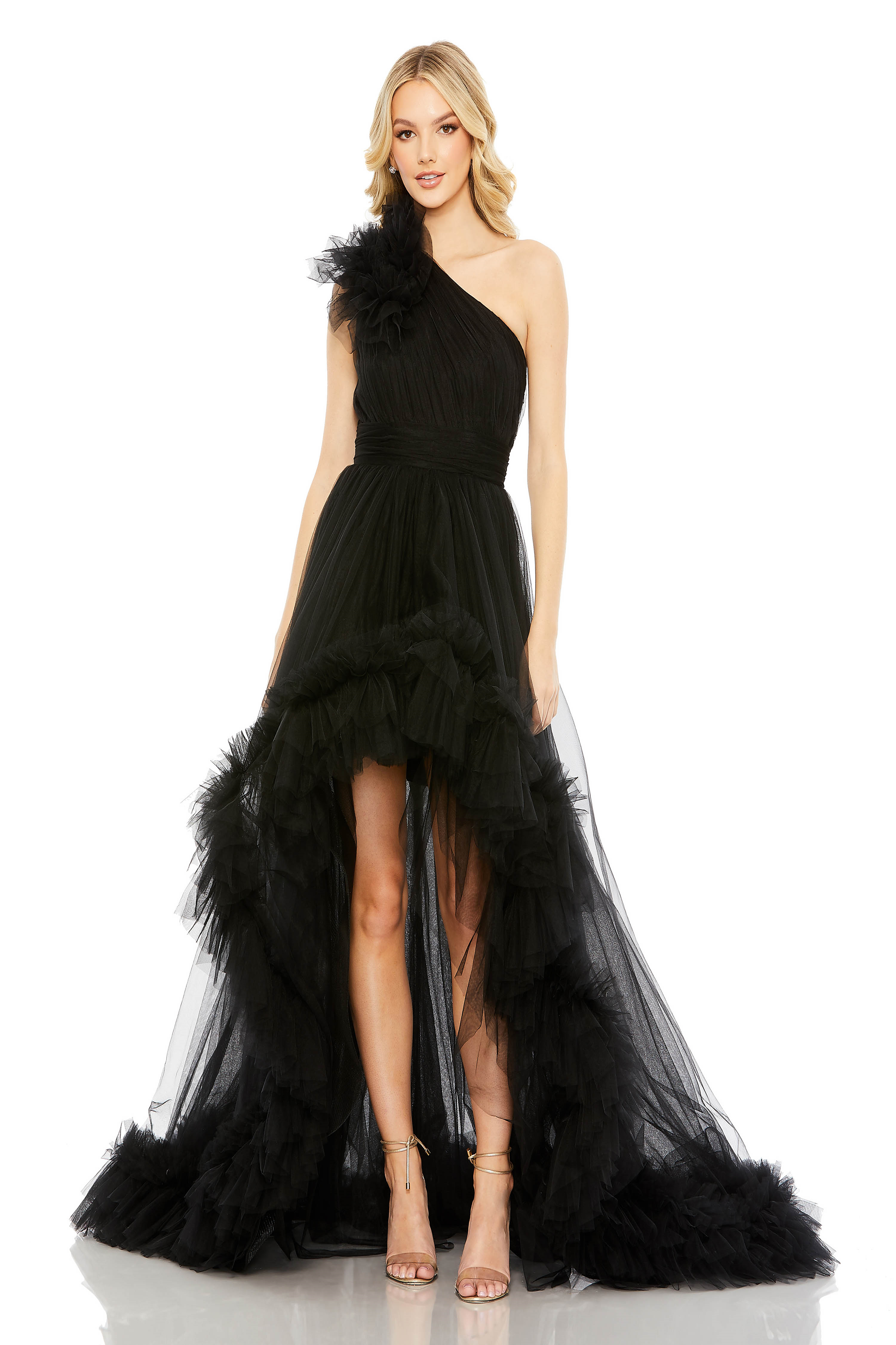knee length dresses for ladies Mac Duggal Women's Ruffled Hem High-Low Gown - Black main image 0