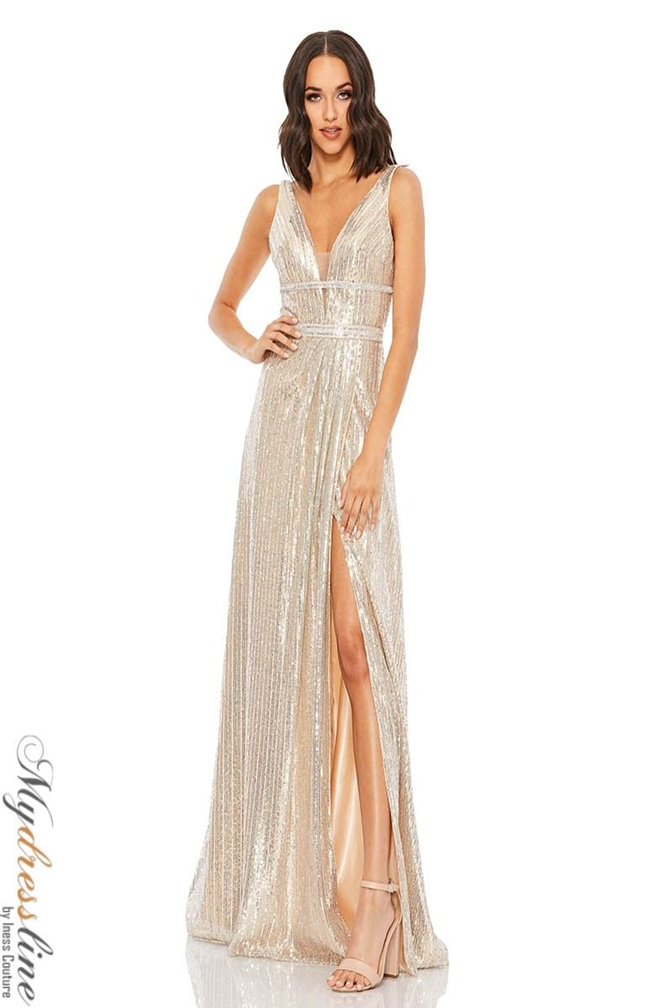 Mac Duggal Metallic Sequined Plunge Neck Gown - Nude Silver (Grey)