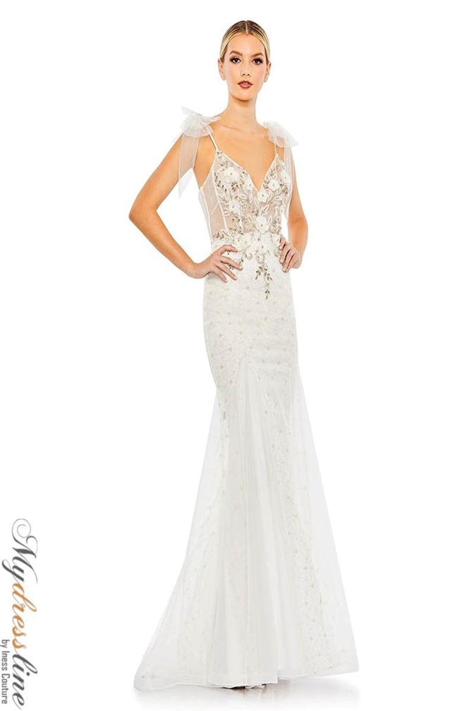 mac duggal white and gold dress Mac Duggal 50666 Mermaid Dress with Beaded Corset – Mydressline main image 1
