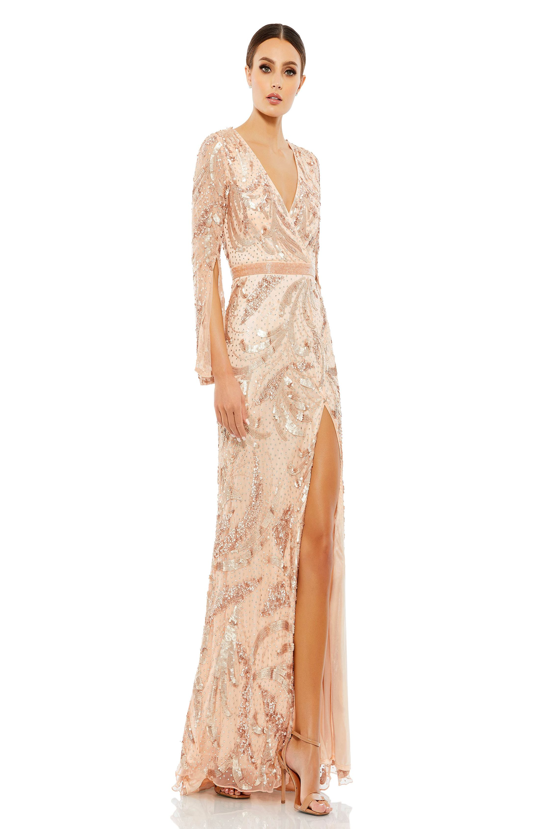 mac duggal rose gold dress Mac Duggal Embellished Illusion High Neck Long Sleeve A Line Gown - Platinum Gold main image 1