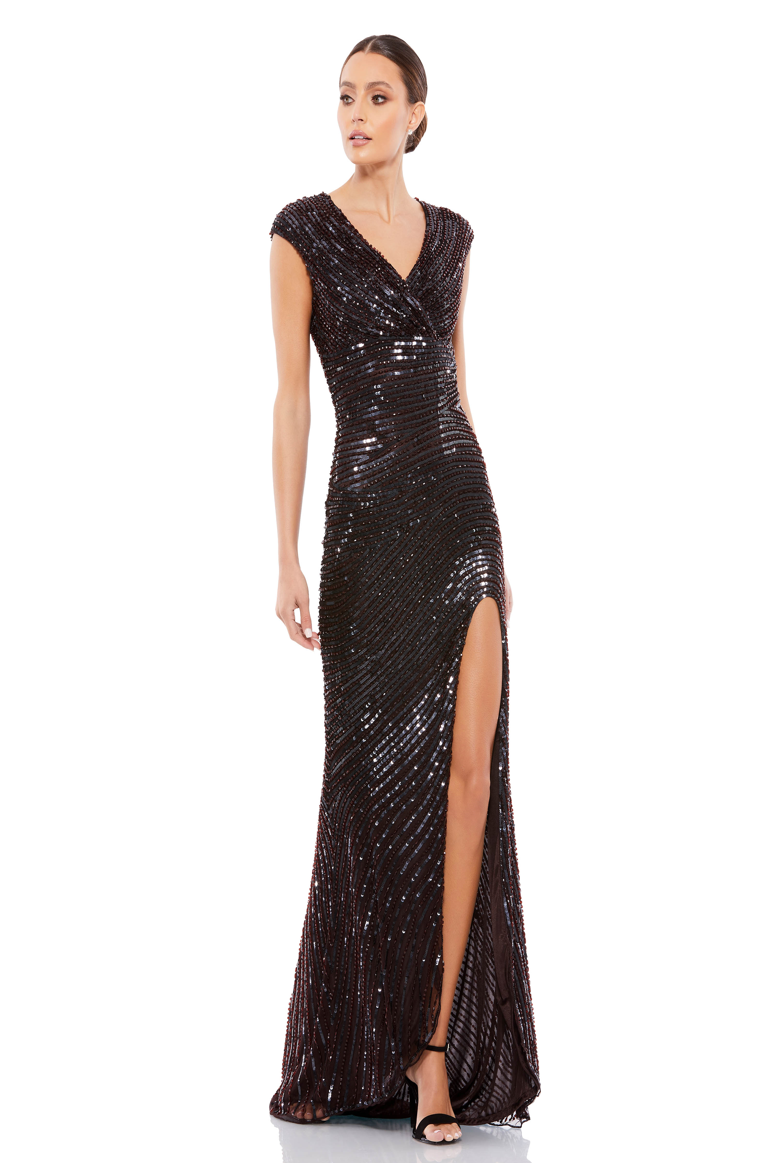 Brown Halter V Neck Sequin Long Dress