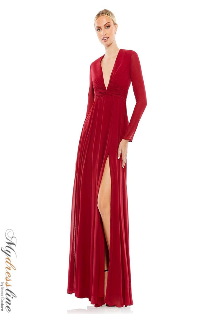 mac duggal red dress long sleeve Red Embellished High Neck Long Sleeve A Line Gown