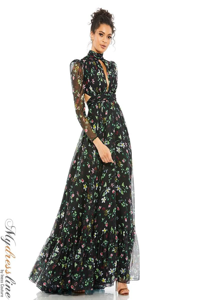 Floral High Neck Puff Sleeve Gown - Mac Duggal Black Floral / US 0 Floral High Neck Puff Sleeve Gown - Mac Duggal Black Floral / US 0