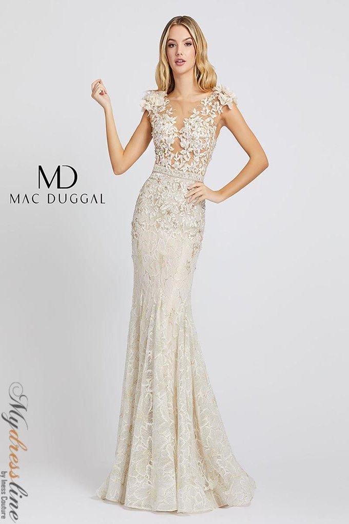 mac duggal wedding dresses Mac Duggal Cap Sleeve Floral Lace Illusion Trumpet Gown