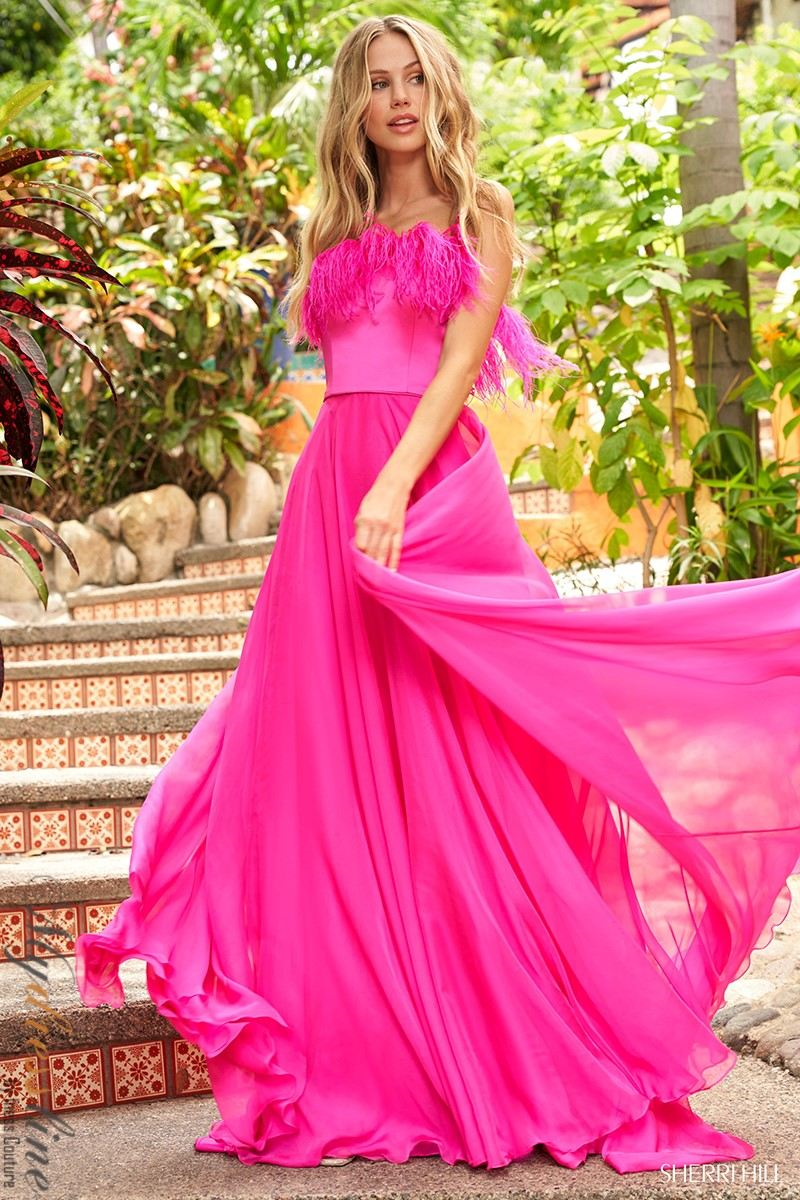 v neck a line cocktail dress Sherri Hill 54909 Feather Detailing Formal Dress – Mydressline