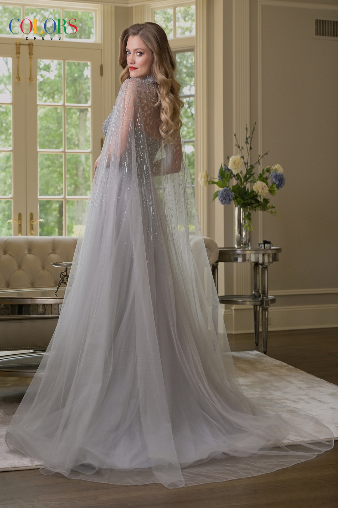 Couleurs 3879 – 3879 Tulle Evening Dress with Cape Sleeve