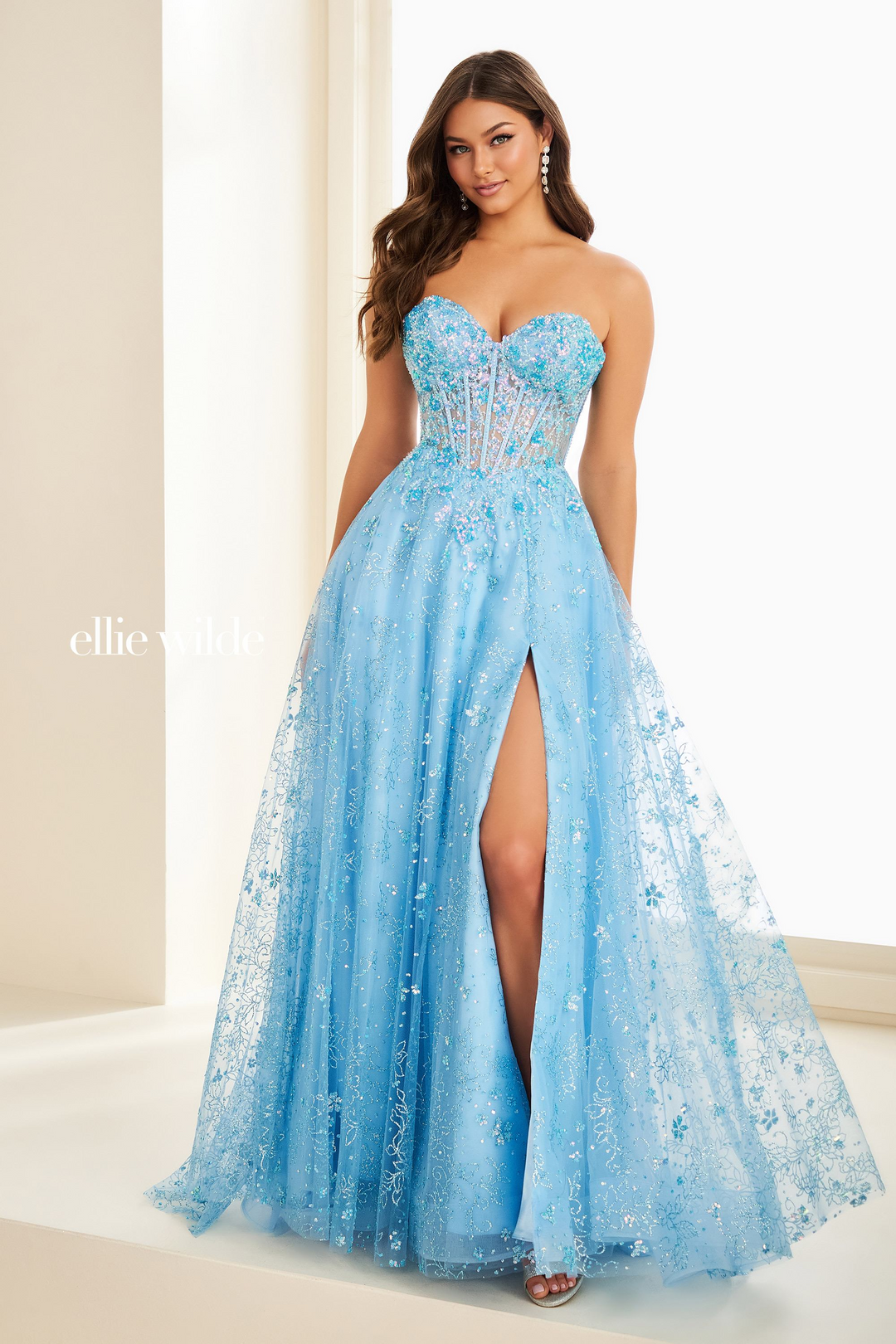 Strapless Ellie Prom Dresses Ellie Wilde EW37205 Blue Strapless A-Line Gown Mydressline Strapless Ellie Prom Dresses Ellie Wilde EW37205 Blue Strapless A-Line Gown Mydressline