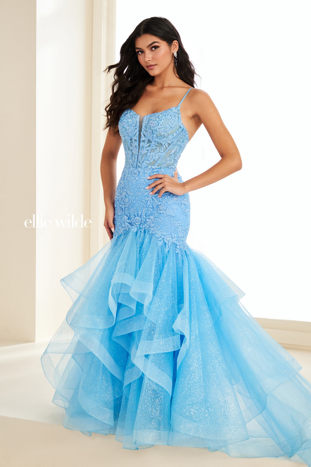 Ellie Wilde EW37207 Satin Mermaid Gown with Ruffles Mydressline Ellie Wilde EW37207 Satin Mermaid Gown with Ruffles Mydressline