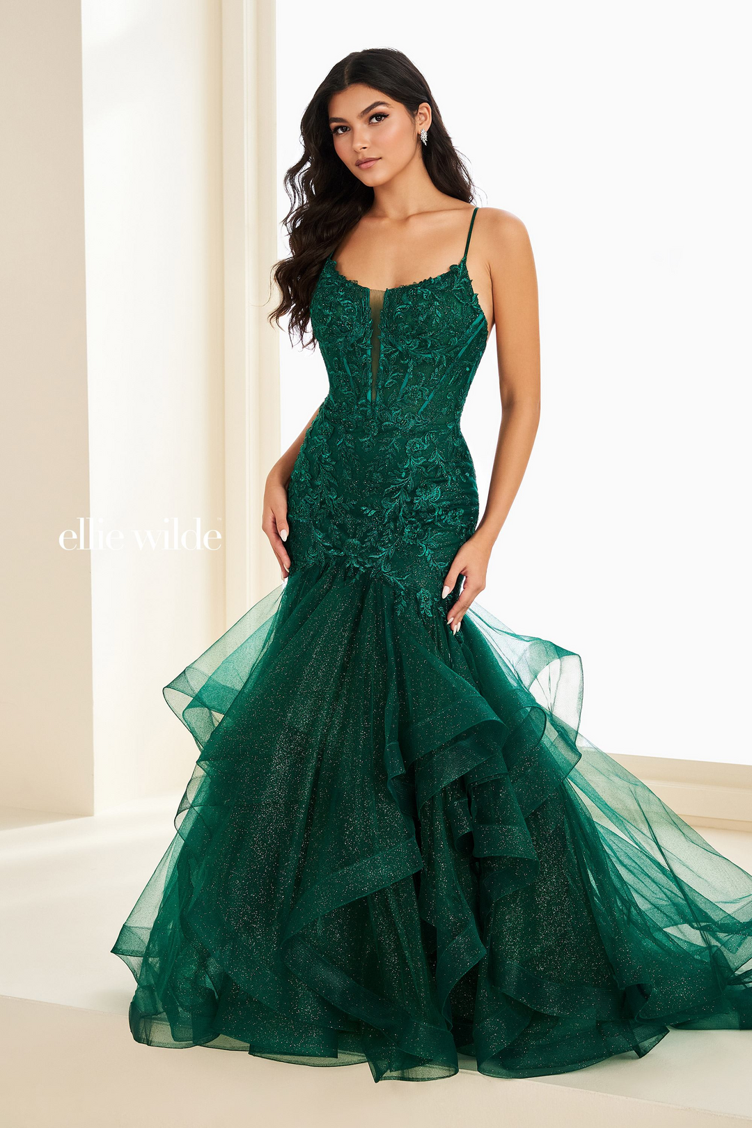Ellie Wilde EW37207 Satin Mermaid Gown with Ruffles Mydressline Ellie Wilde EW37207 Satin Mermaid Gown with Ruffles Mydressline