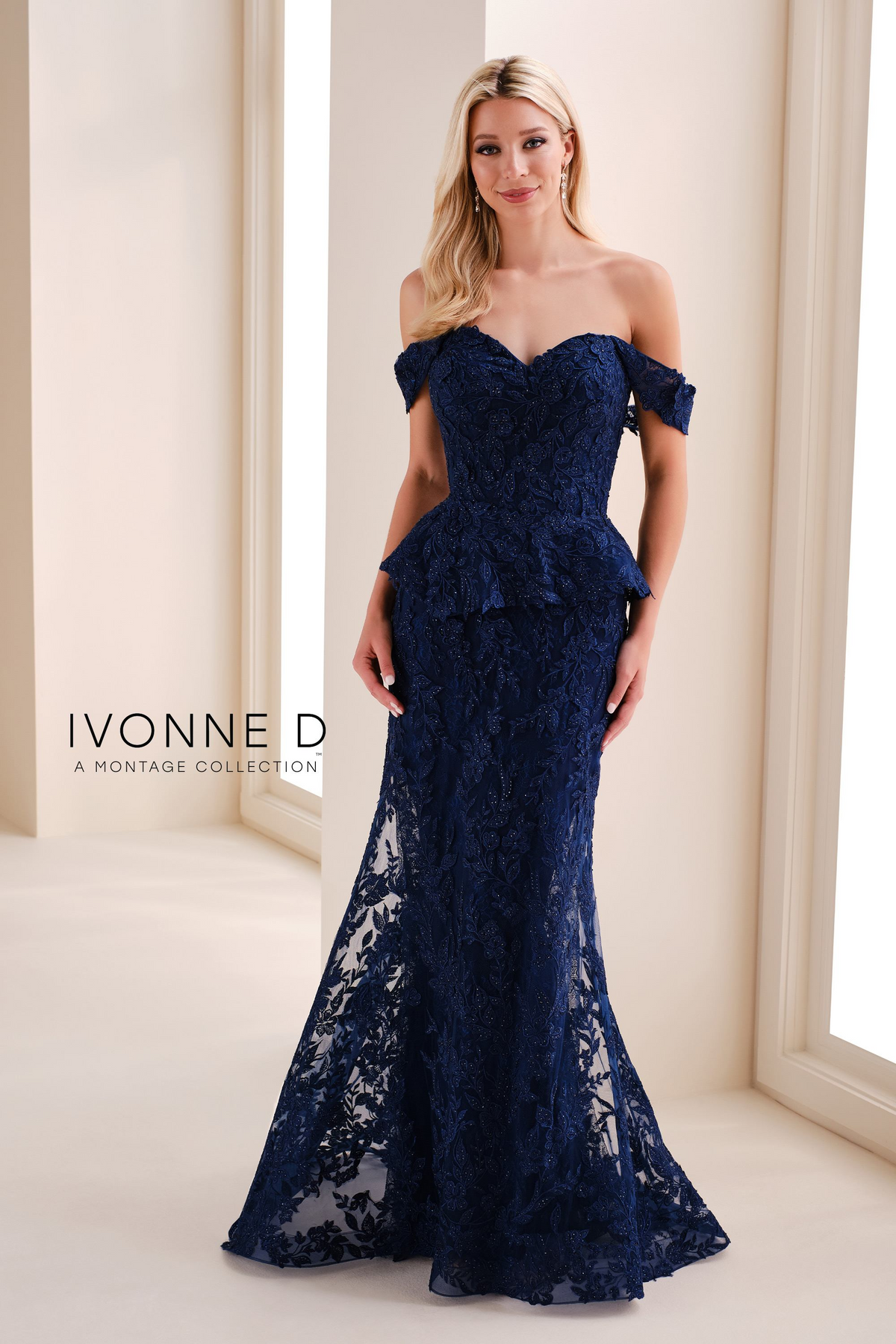 Ivonne D ID1209 Lace Evening Dress with Peplum Detail Mydressline Ivonne D ID1209 Lace Evening Dress with Peplum Detail Mydressline