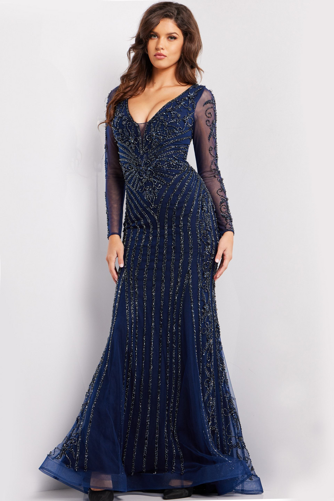 Jovani 24236 Elegant Navy Beaded Evening Gown  Mydressline