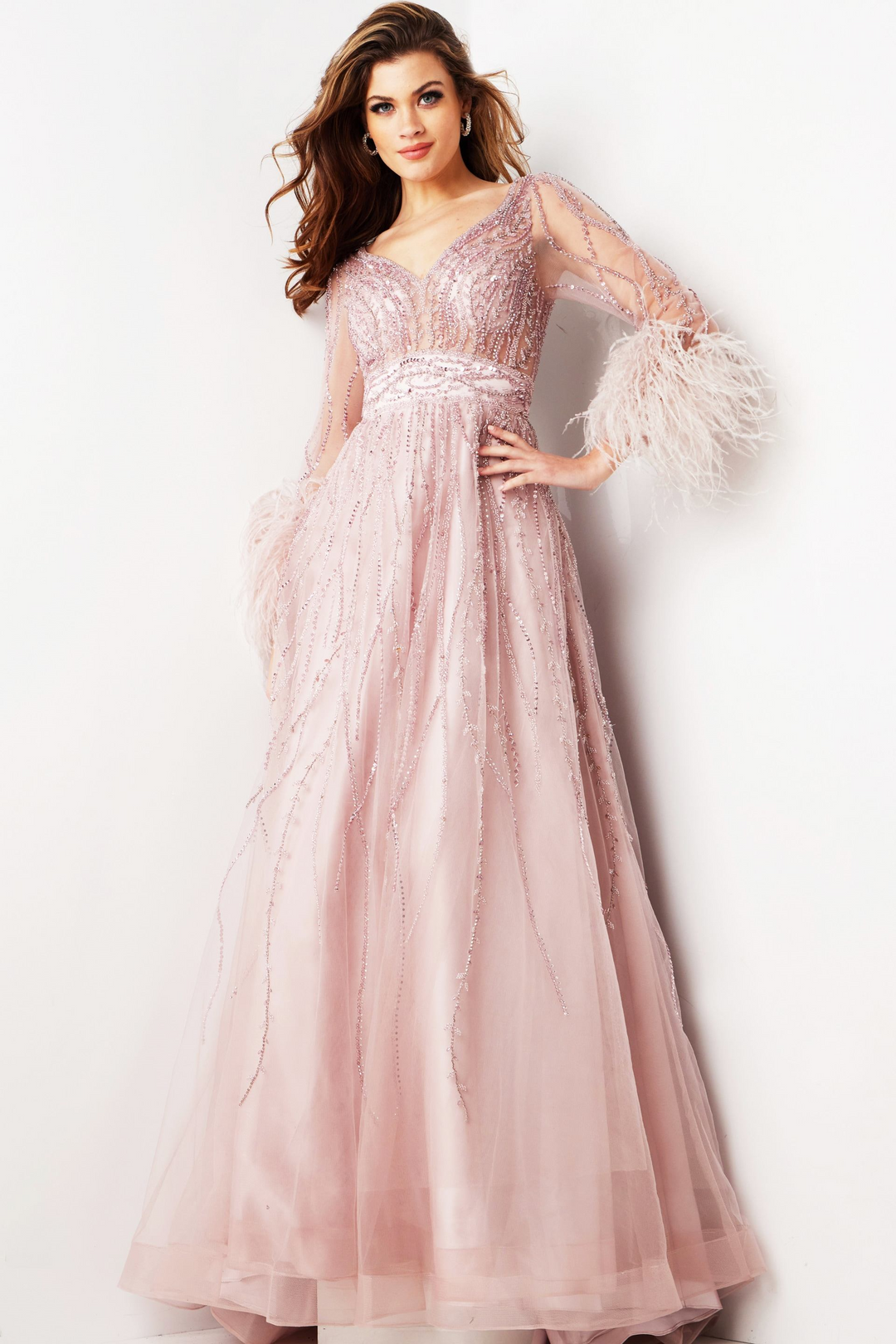 Jovani 38583 Elegant Blush Gown with Beadwork Mydressline Jovani 38583 Elegant Blush Gown with Beadwork Mydressline