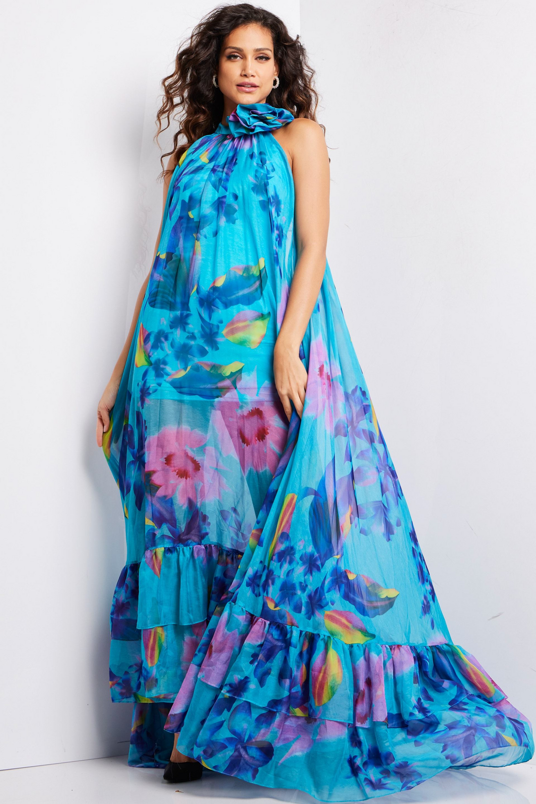 jovani maxi dresses Jovani 23324 Floral Print Low V Neck Maxi Dress