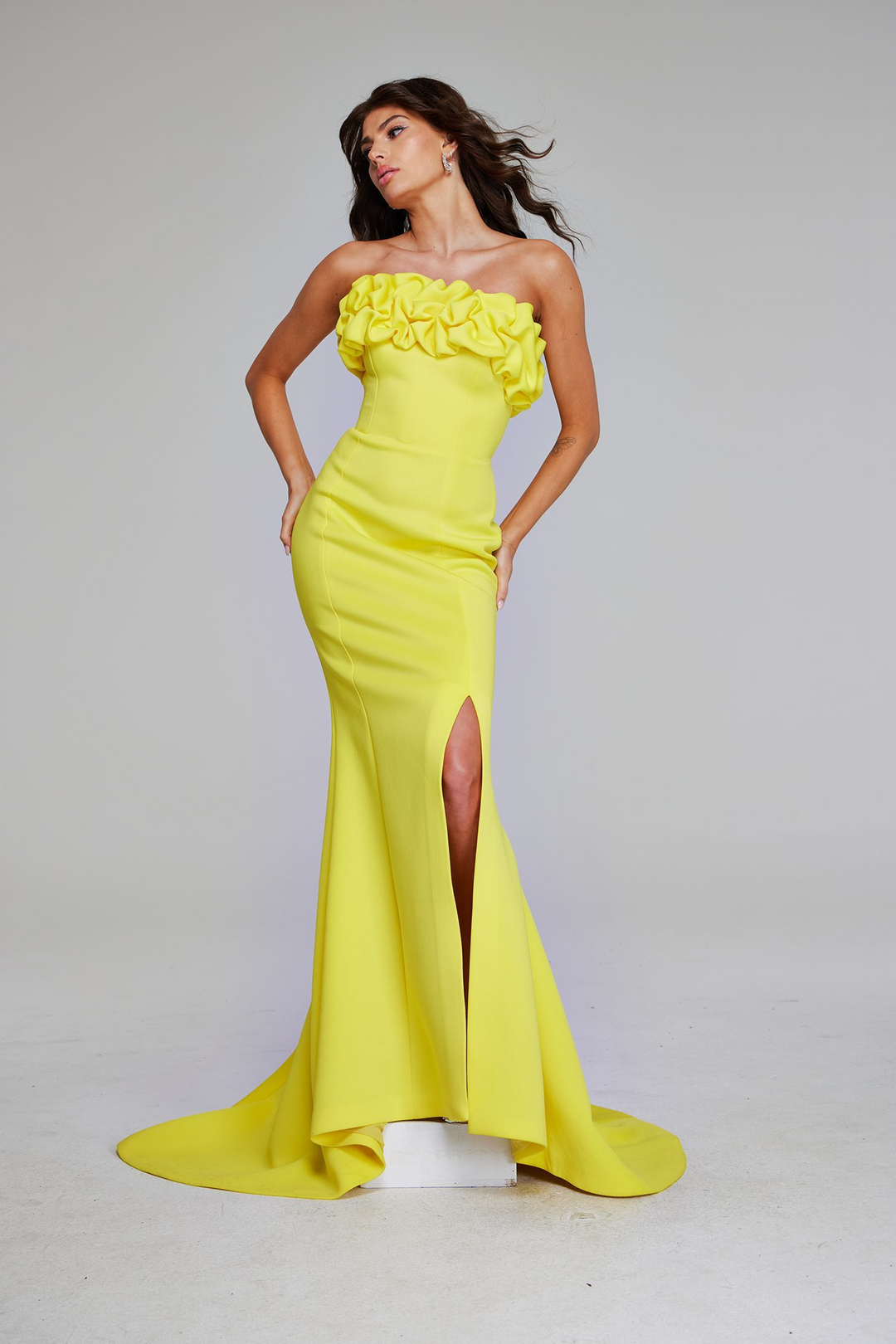 Jovani 38922 Elegant Yellow Gown with Ruffles Mydressline Jovani 38922 Elegant Yellow Gown with Ruffles Mydressline