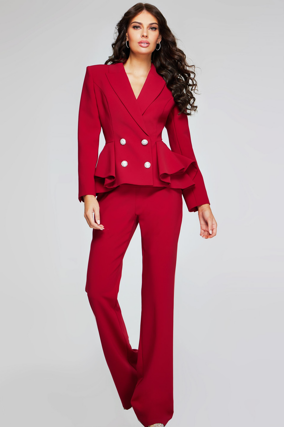 Jovani 39374 – Elegant Red Peplum Suit