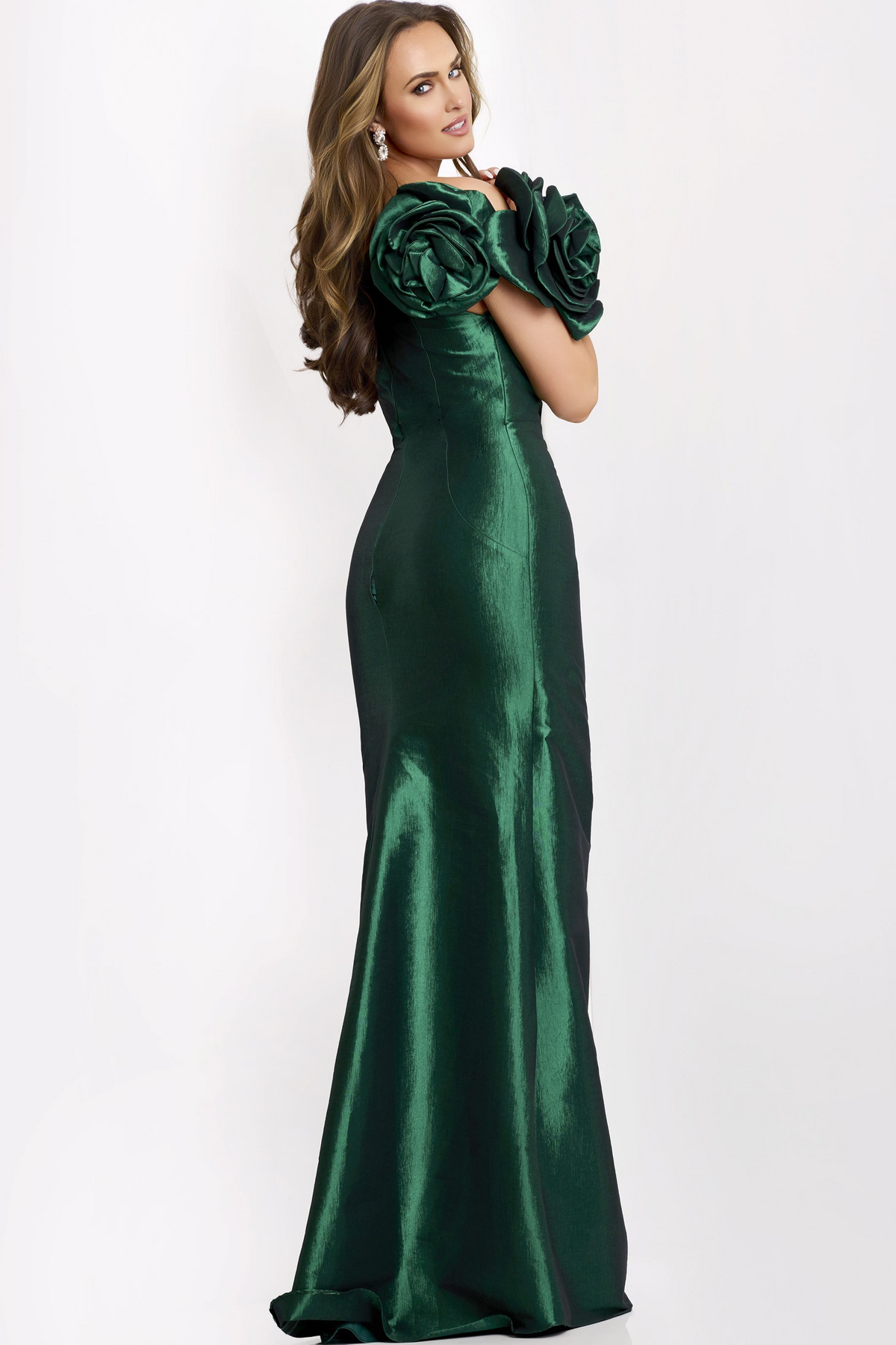Jovani 40206 Elegant Emerald Gown with Floral Sleeves Mydressline Jovani 40206 Elegant Emerald Gown with Floral Sleeves Mydressline