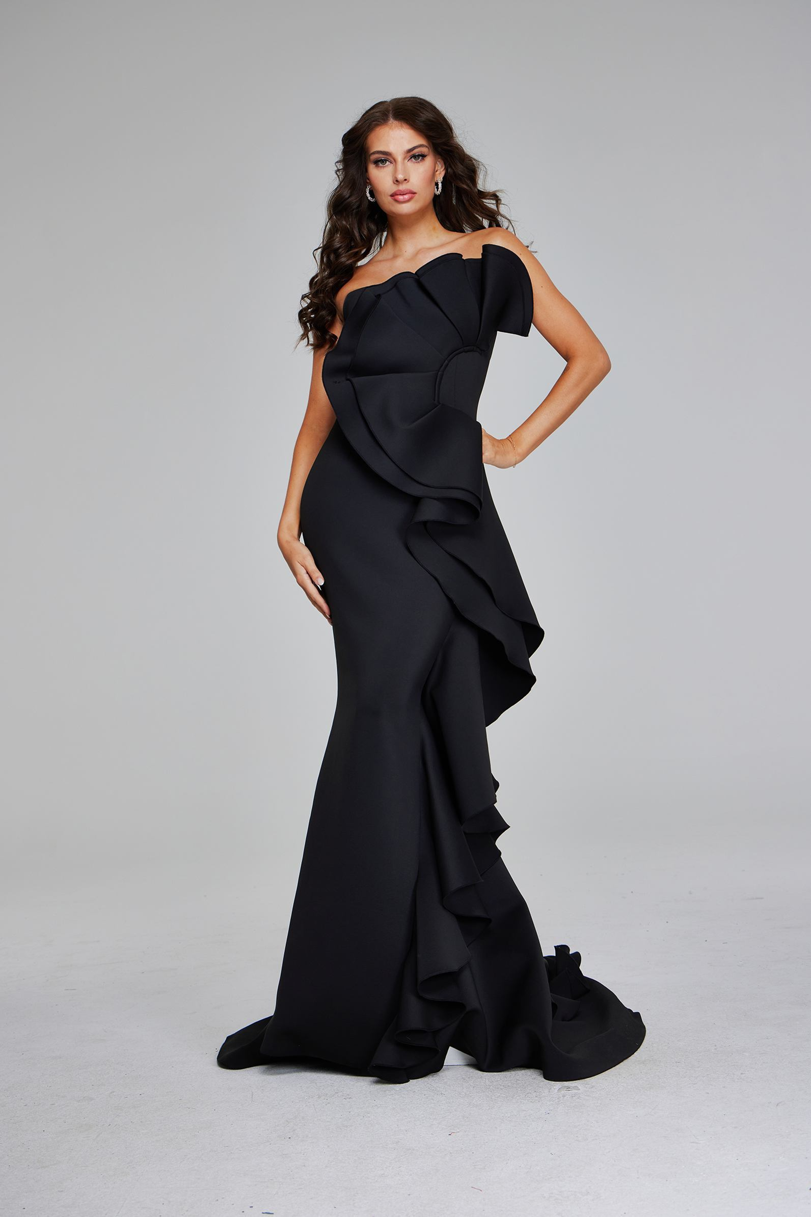Jovani 42543 Elegant Black Gown with Ruffles – Mydressline