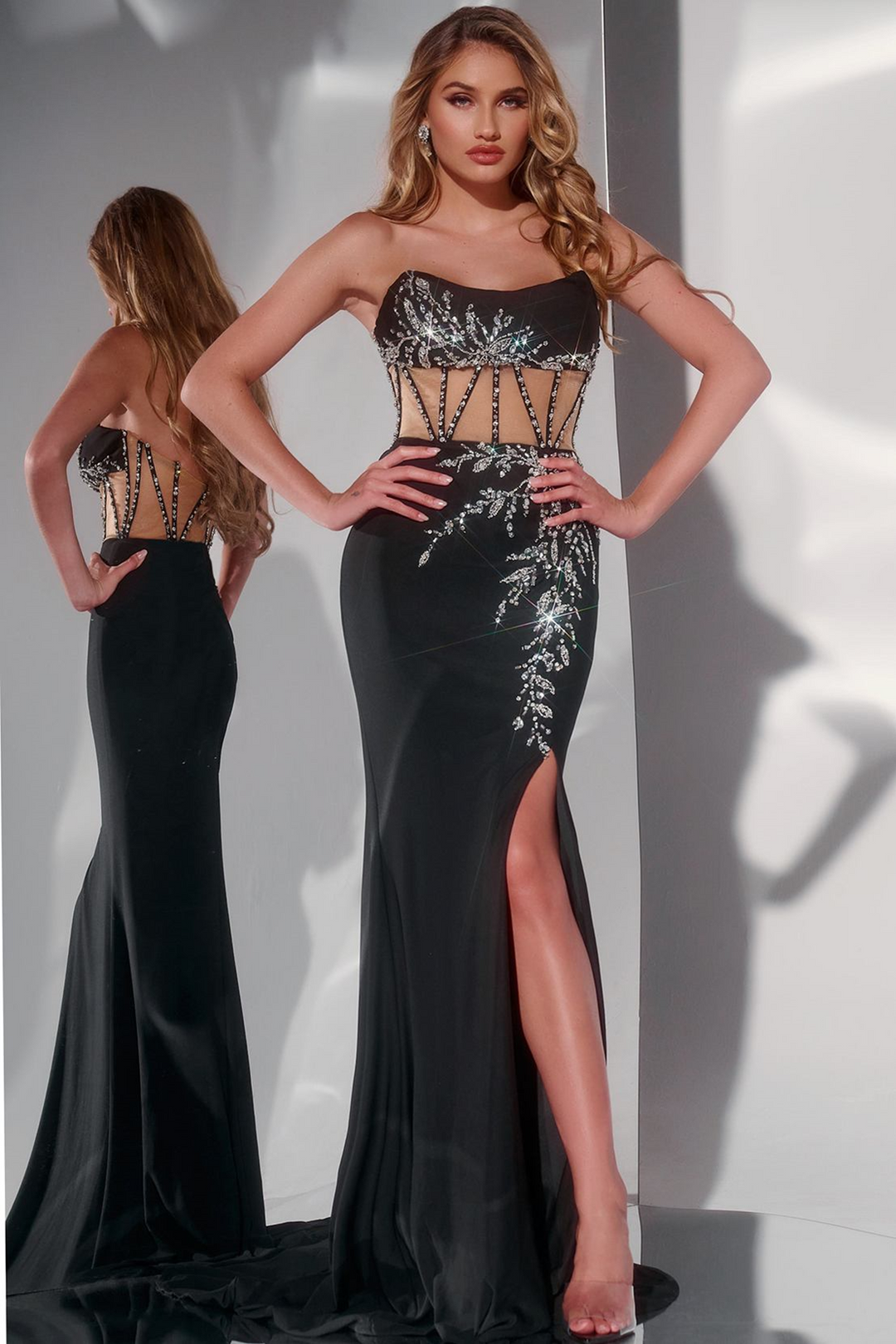 Jovani 43246 Black Satin Mermaid Gown with Slit – Mydressline Jovani 43246 Black Satin Mermaid Gown with Slit – Mydressline