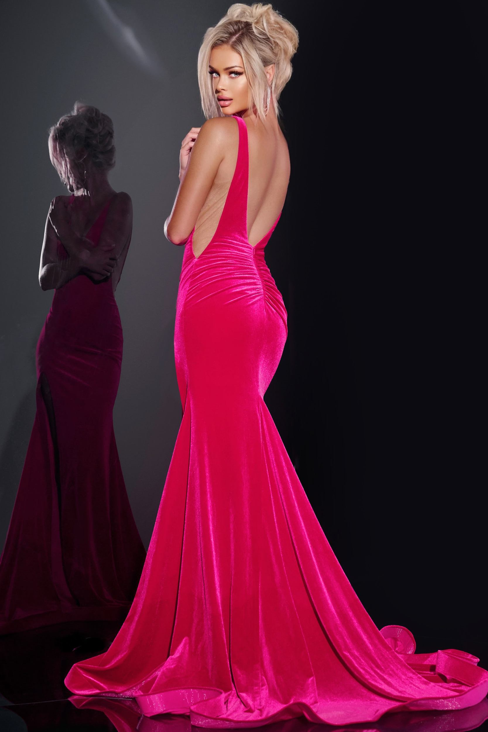 Jovani 43578 Velvet Pink Evening Gown with Slit – Mydressline