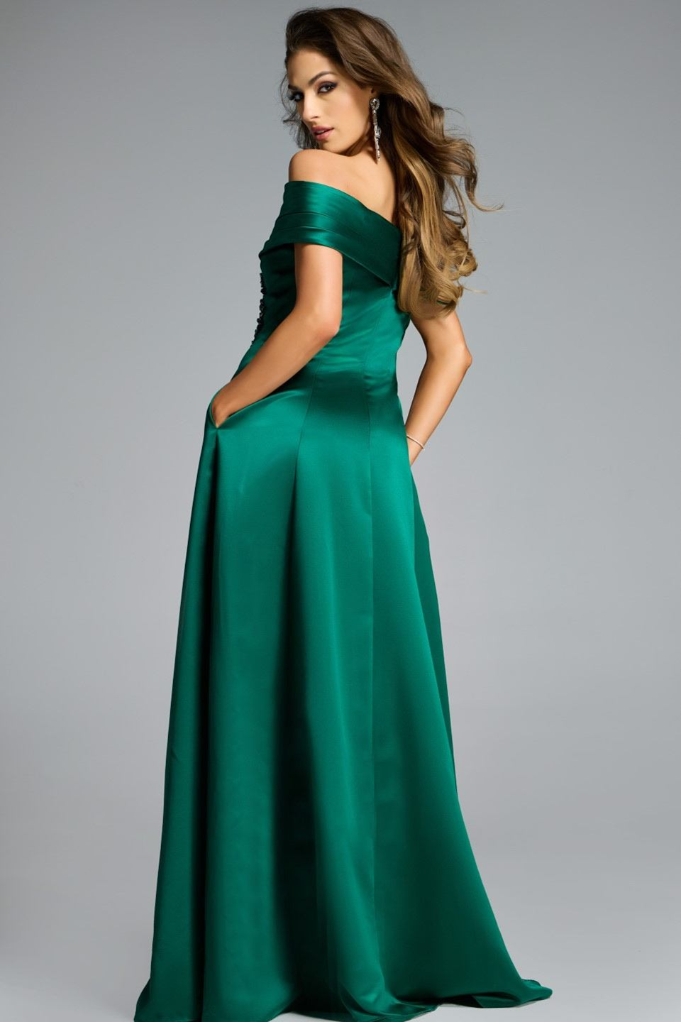 jovani dark green dress 40296 Green Off-Shoulder Gown with Textured Fabric