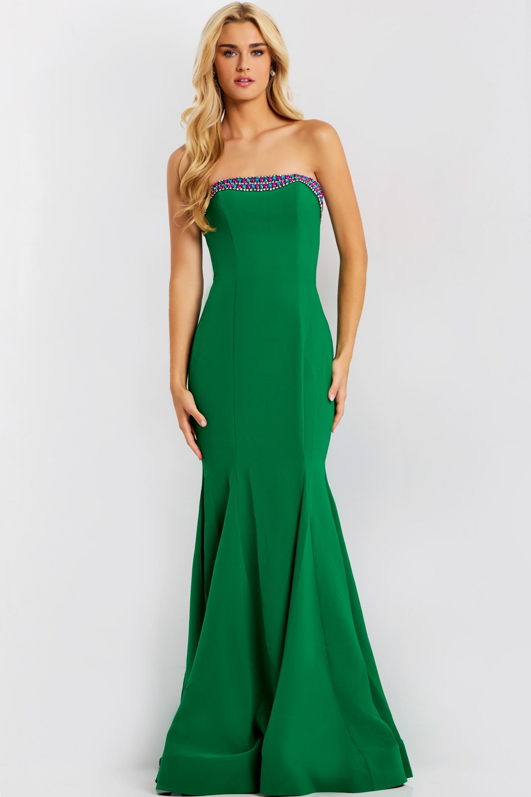 Jovani 44895 Green Satin Mermaid Dress with Beading Mydressline Jovani 44895 Green Satin Mermaid Dress with Beading Mydressline