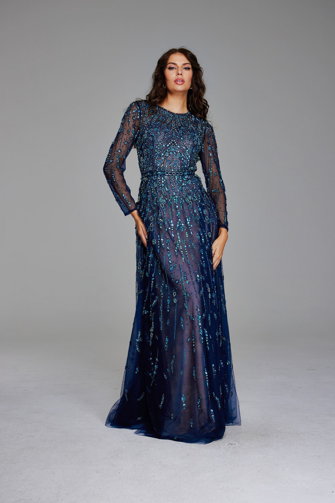Jovani 80807: Elegant Navy Beaded Evening Gown – Mydressline
