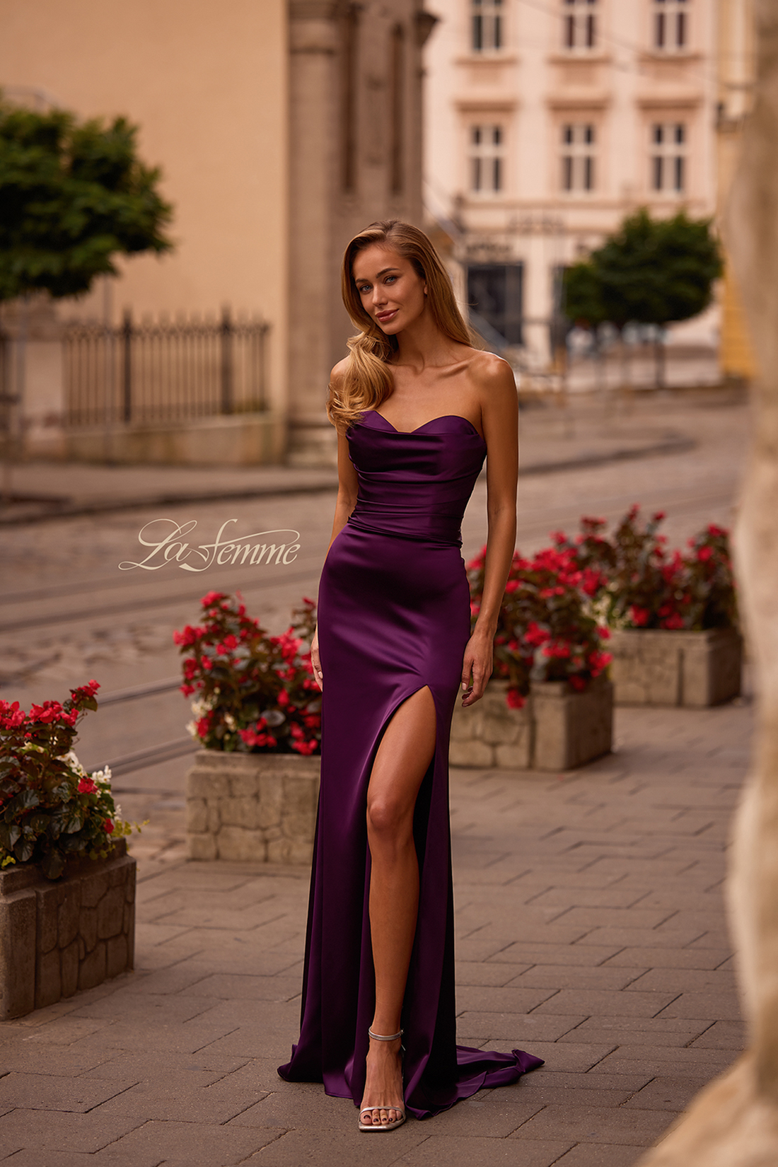La Femme 32896 – Satin Mermaid Gown with Slit