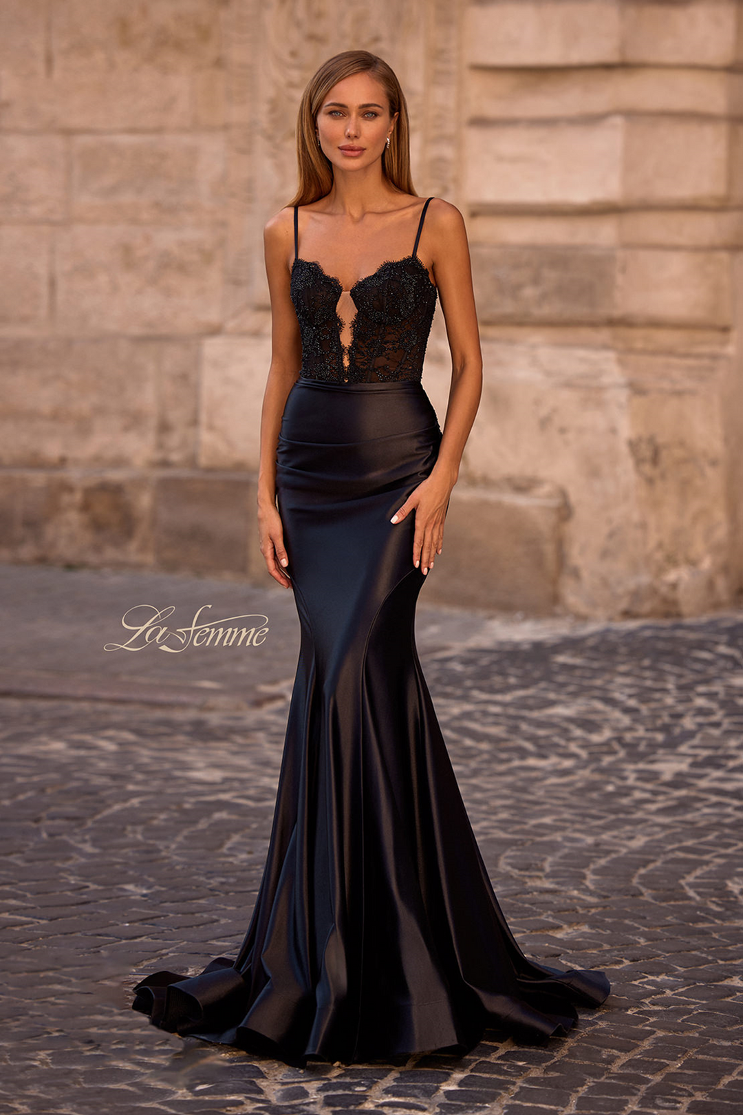 la femme black lace dress La Femme 32594 - Long Lace/Tulle A-Line Dress