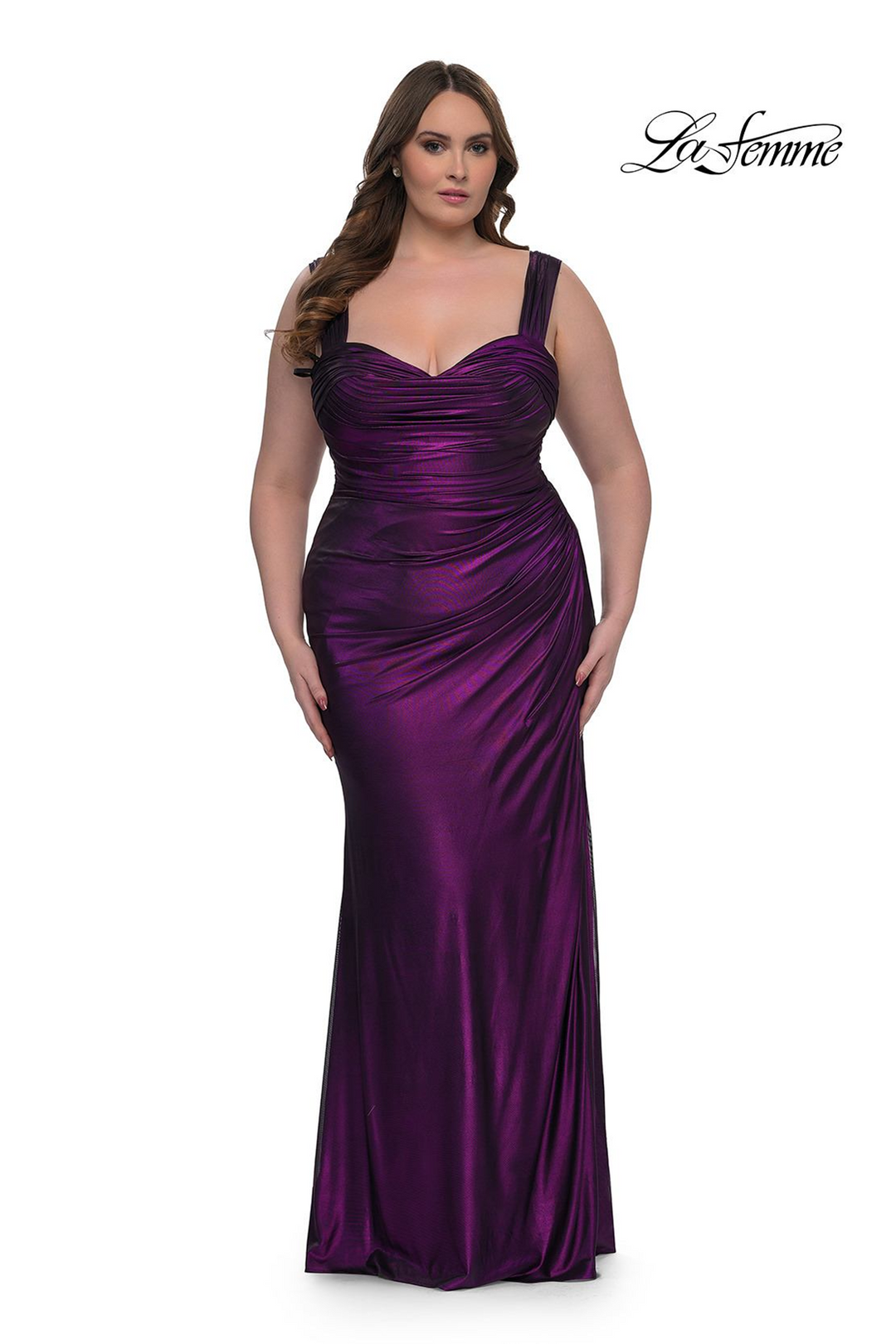 La Femme 32991 Evening Gown - Satin Fit & Flare Mydressline La Femme 32991 Evening Gown - Satin Fit & Flare Mydressline