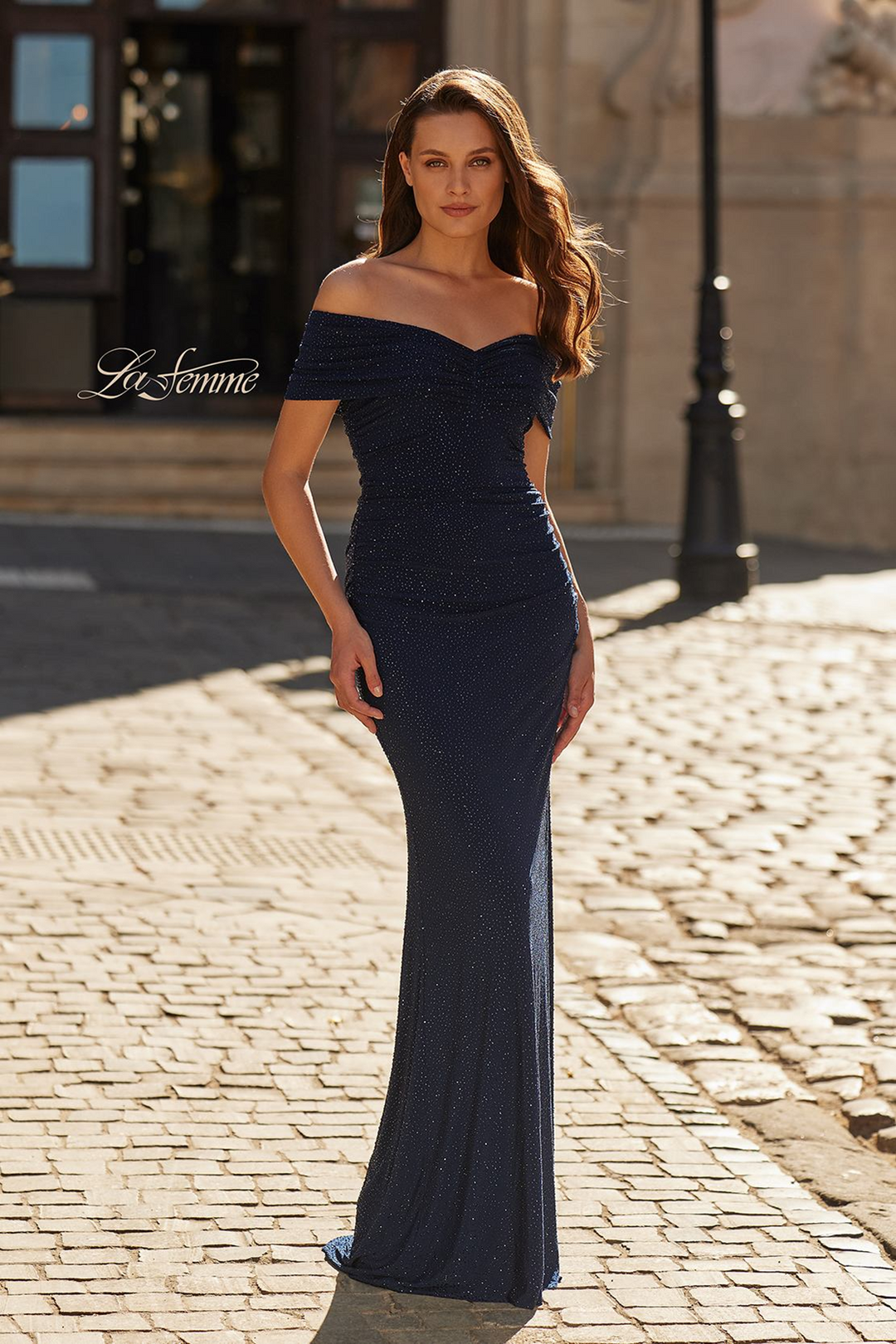 la femme off the shoulder dress La Femme 30498 - Long Tulle A Line Dress